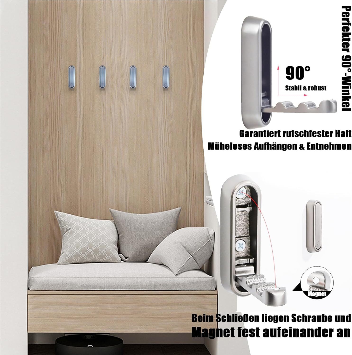 BlingBin Klapphaken 4 Stück Hakenleiste (Wandgarderobe), stabile, Schlafzimmer, Badezimmer, Kleiderschrank, Wohnzimmer, (4er Set, 4-St., 7,2 × 2,3 × 1,2 cm), Kleiderhaken für Schlafzimmer, Badezimmer, Küche und Wohnzimmer