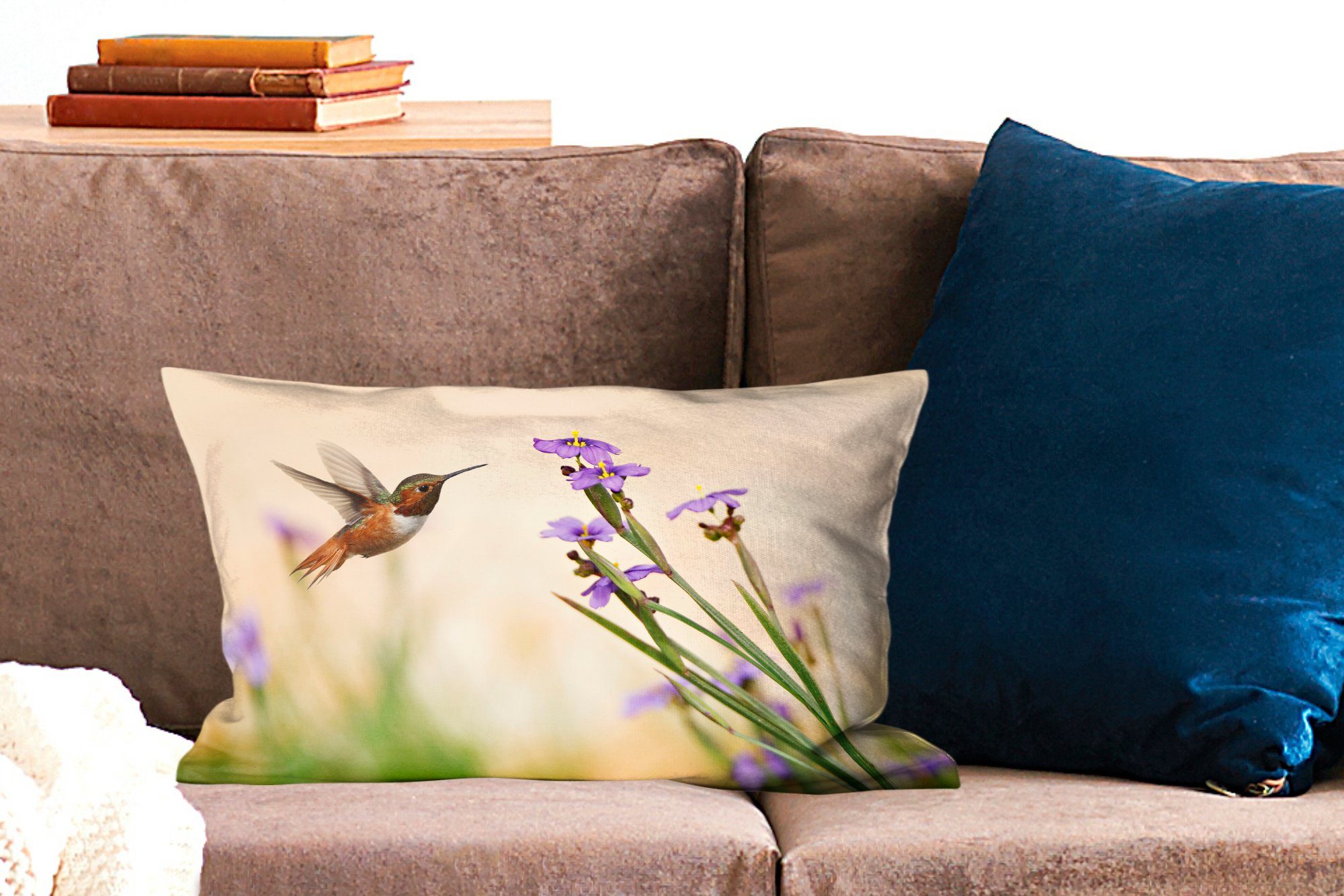 Dekoration, Dekokissen Zierkissen, mit Kolibri Wohzimmer - - Schlafzimmer MuchoWow Blumen Vogel - Lila, Dekokissen Füllung,