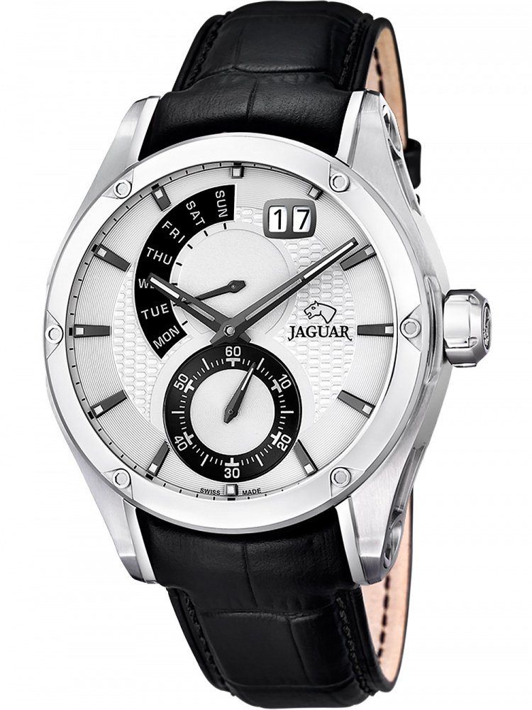 Uhr Quarzuhr Wochentag Jaguar Herren Armbanduhr schwarz, Lederarmband Herren Fashion, Leder, JAGUAR Fashion rund, J678/A