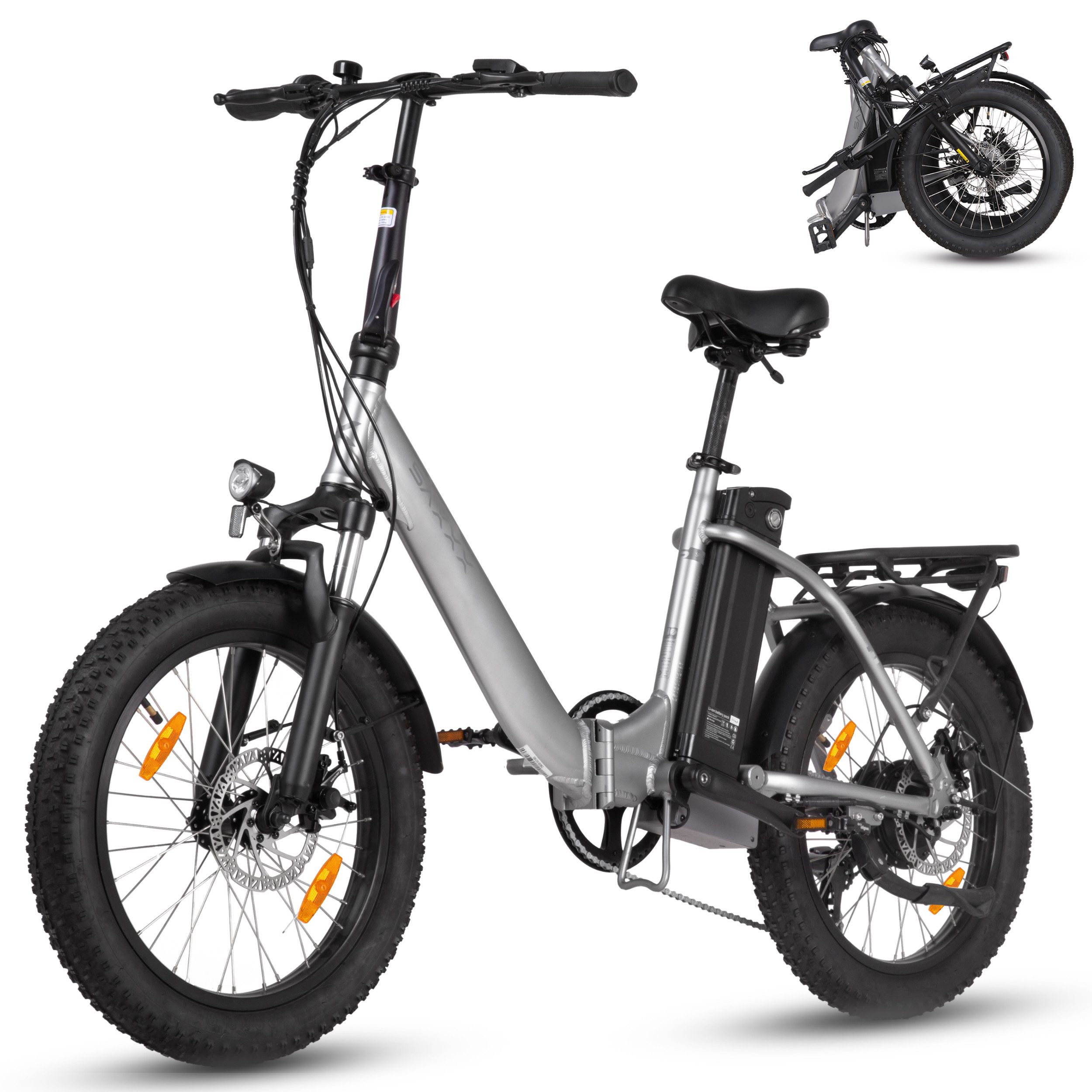 SAXXX E-Bike Faltrad 20 Zoll Elektrofahrrad, 468Wh, max. 110km, für Damen und Herren, 7 Gang SHIMANO, Kettenschaltung, Heckmotor, 468 Wh, (mit Gepäckträger, 95 % vormontiert, Sitzrohr-Akku), 20x3'' Klapprad, Pedelec E-Citybike mit Tiefeinstieg, faltbar