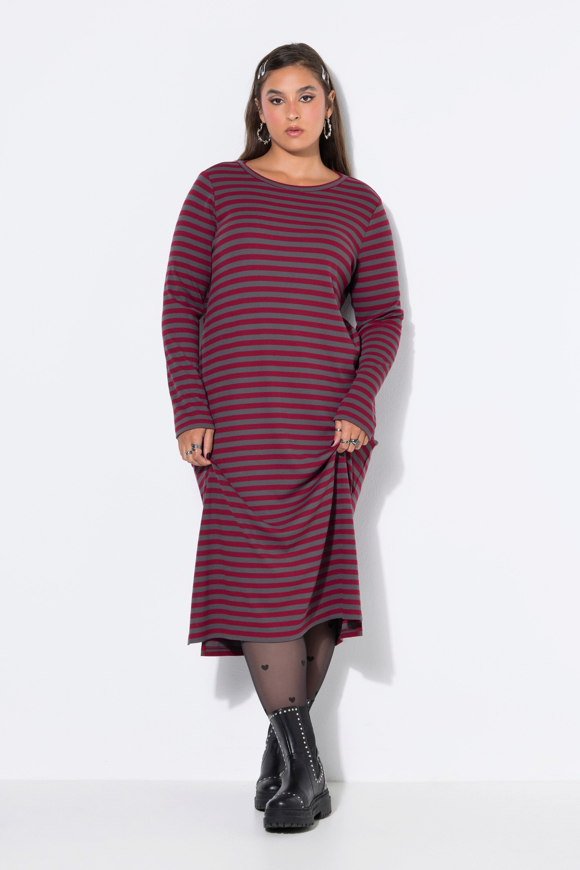 Studio Untold Jerseykleid Midikleid Rippjersey mit Ringeln Langarm