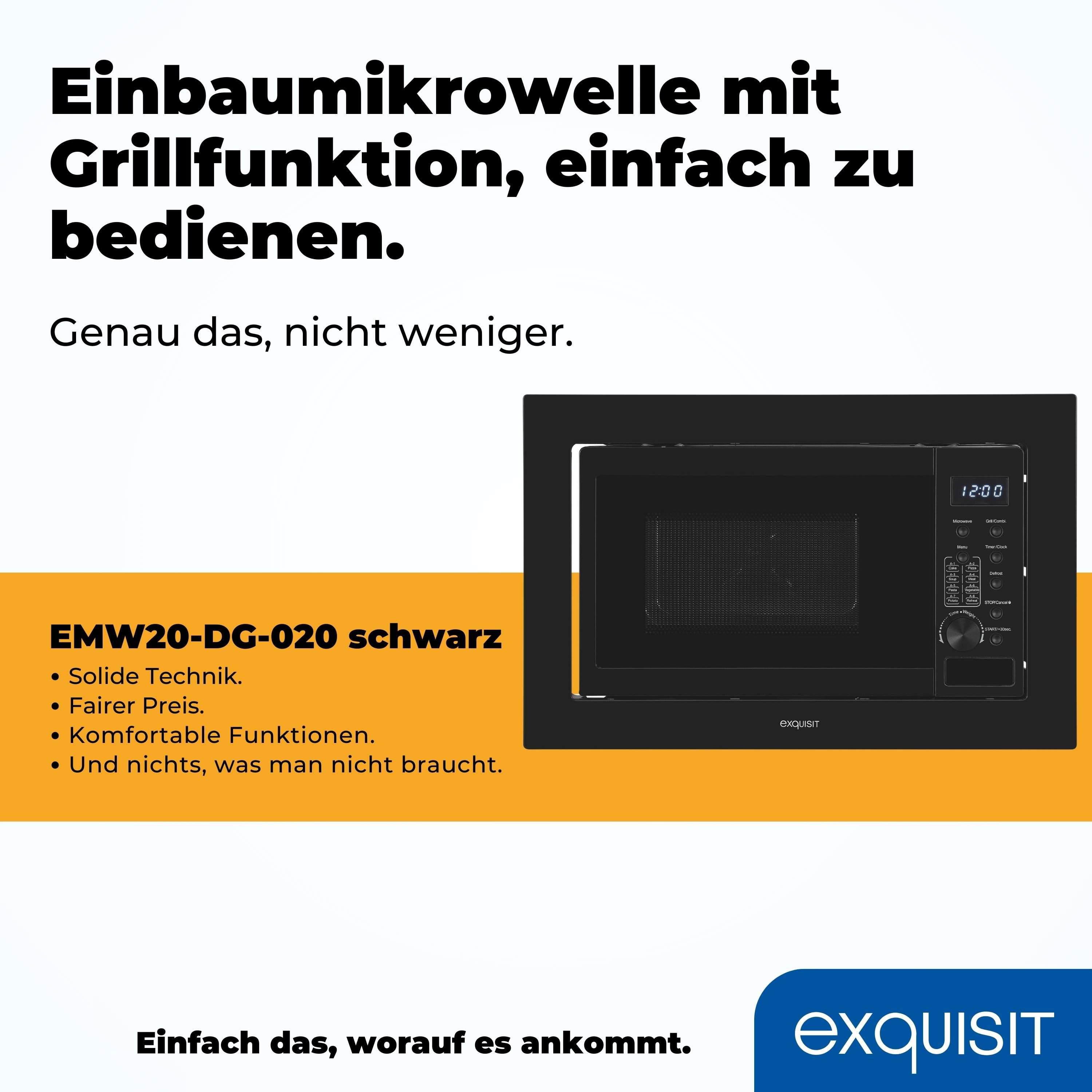 exquisit Einbau-Mikrowelle EMW20-DG-020, Grill, Mikrowelle, 20 l, 7 Automatikprogramme für Kuchen,Pizza,Suppe,Pasta,Gemüse,Kartoffeln – Bild 4 von 5