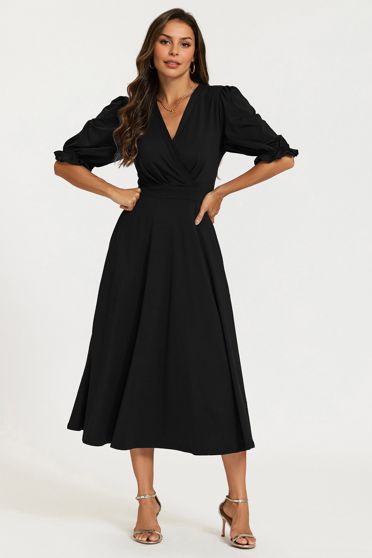 FS Collection Wickelkleid Midikleid Wickeloptik Sommerkleid mit Puffärmeln und V-Ausschnitt (Größen: XS (EU:36 / UK:8) · S (EU:38 / UK:10) · M (EU:40 / UK:12) · L (EU:42 / UK:14) · XL (EU:44 / UK:16), 2 Farben: Schwarz und Marineblau) Wickeloptik, gerafft