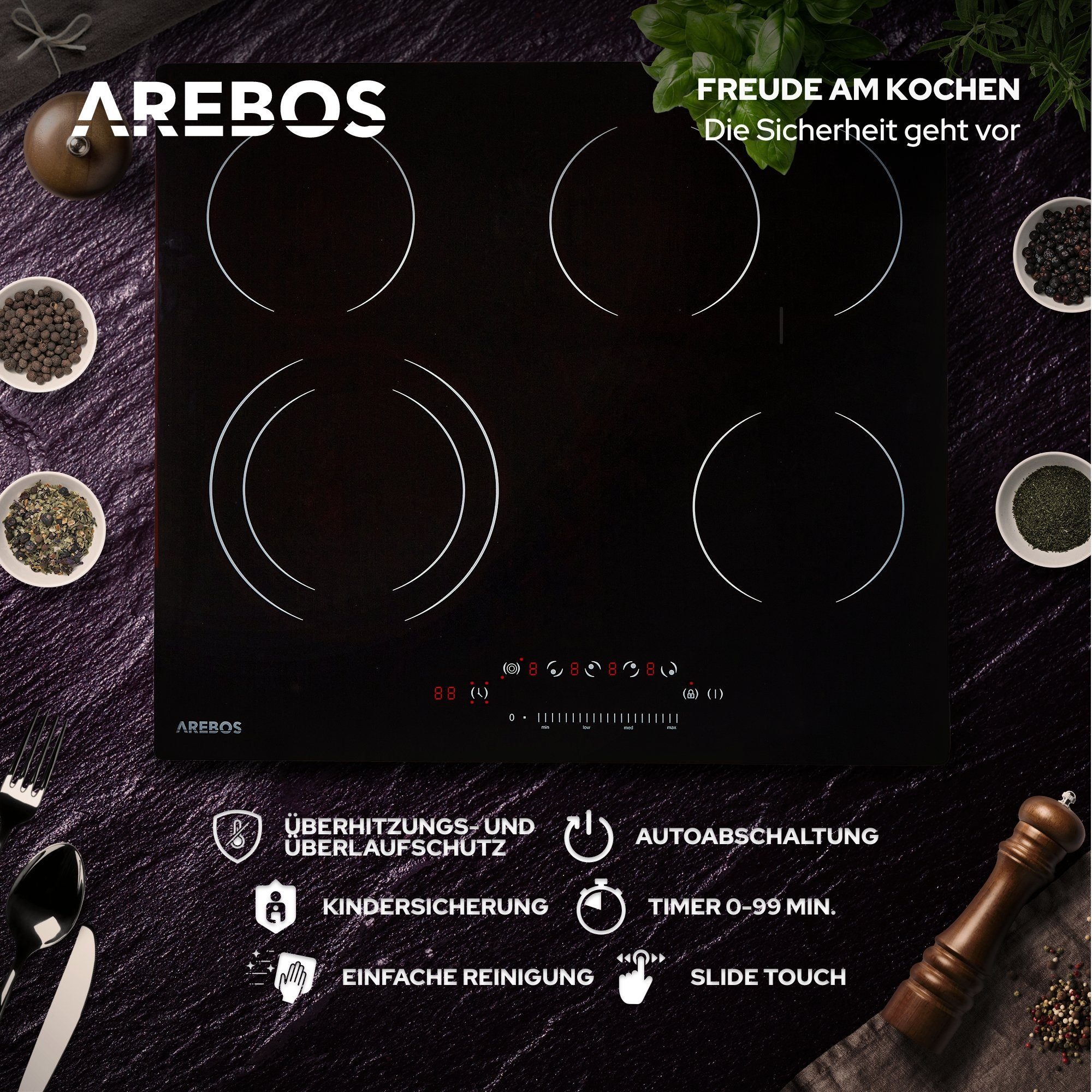 Arebos Elektro-Kochfeld Glaskeramikkochfeld - 6600W - 4 Kochzonen, Sensor-Touch, Autoabschaltung, Kindersicherung/Tastensperre – Bild 3 von 5