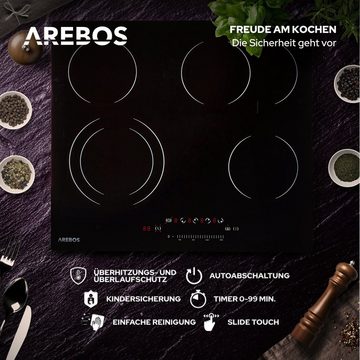 Arebos Elektro-Kochfeld Glaskeramikkochfeld - 6600W - 4 Kochzonen, Sensor-Touch, Autoabschaltung, Kindersicherung/Tastensperre