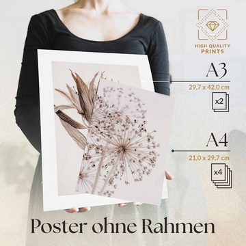 Heimlich Poster Set als Wohnzimmer Deko, Bilder DINA3 & DINA4, Beige Blume Braun, Pflanzen