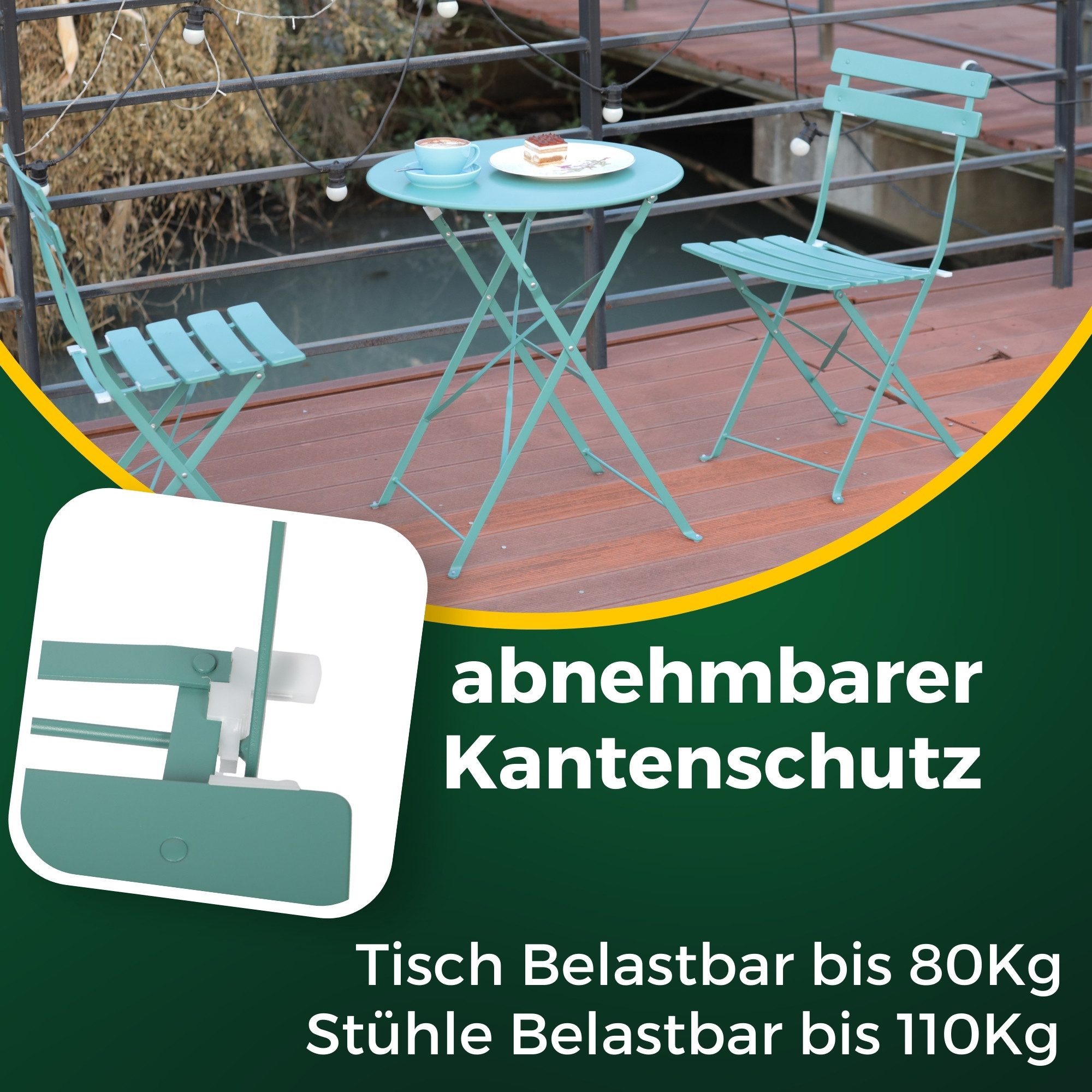 Albatros International Balkonset Bistroset 3-teilig Grün Bistrotisch 2 Stühle und Tisch aus Metall, (optimal als Balkonmöbel Set oder Gartenmöbel in modernem De – Bild 5 von 5
