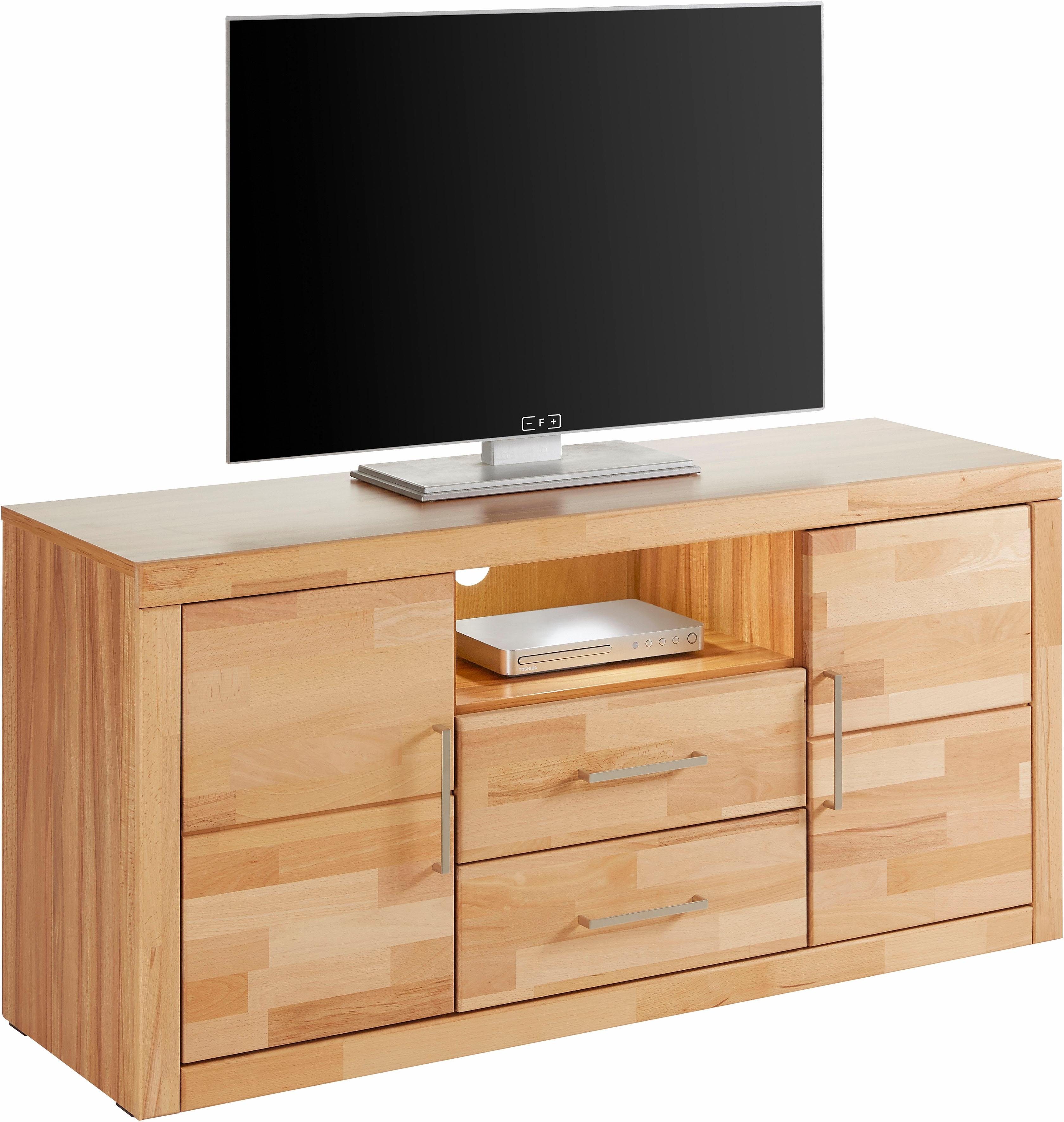 OTTO home Lowboard Logo,130cm breit, Fronten Massivholz,5 Fächer, Holz massiv, Holzwerkstoff, Metall Griffe,2 Türen,2 Schubladen