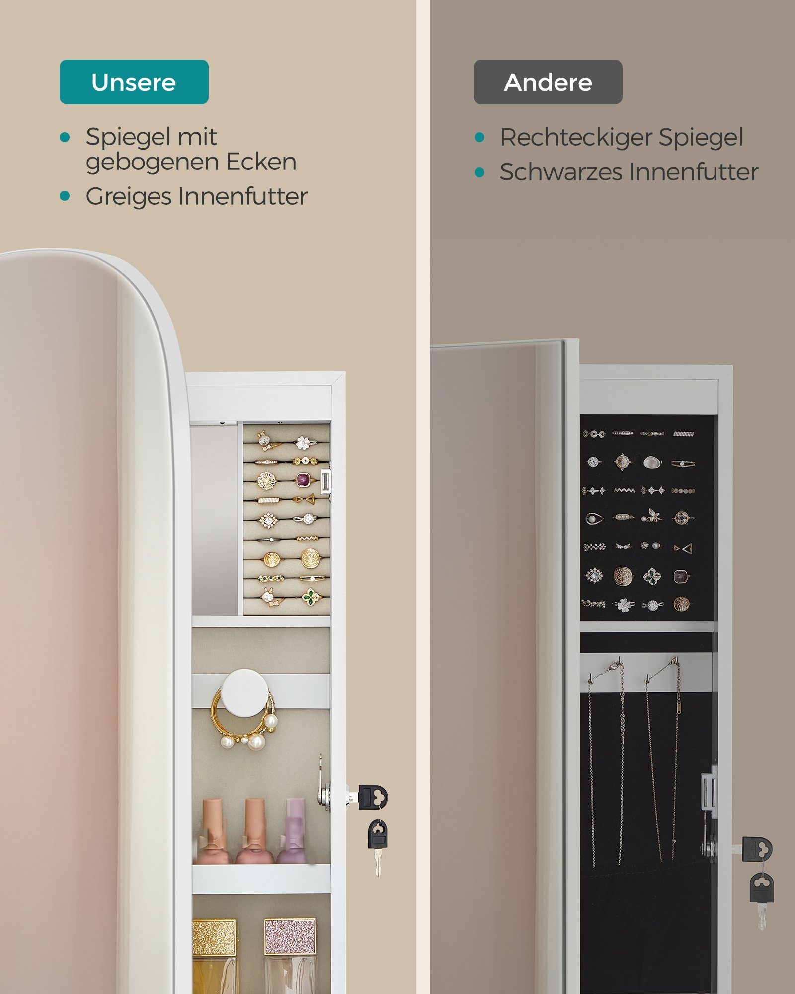SONGMICS Schmuckschrank Spiegelschrank, Schmuck-Organizer, für Ohrring, Halskette, 10x42x108cm mit LED-Beleuchtung, abschließbar, Wandschrank mit Spiegel, weiß – Bild 4 von 5