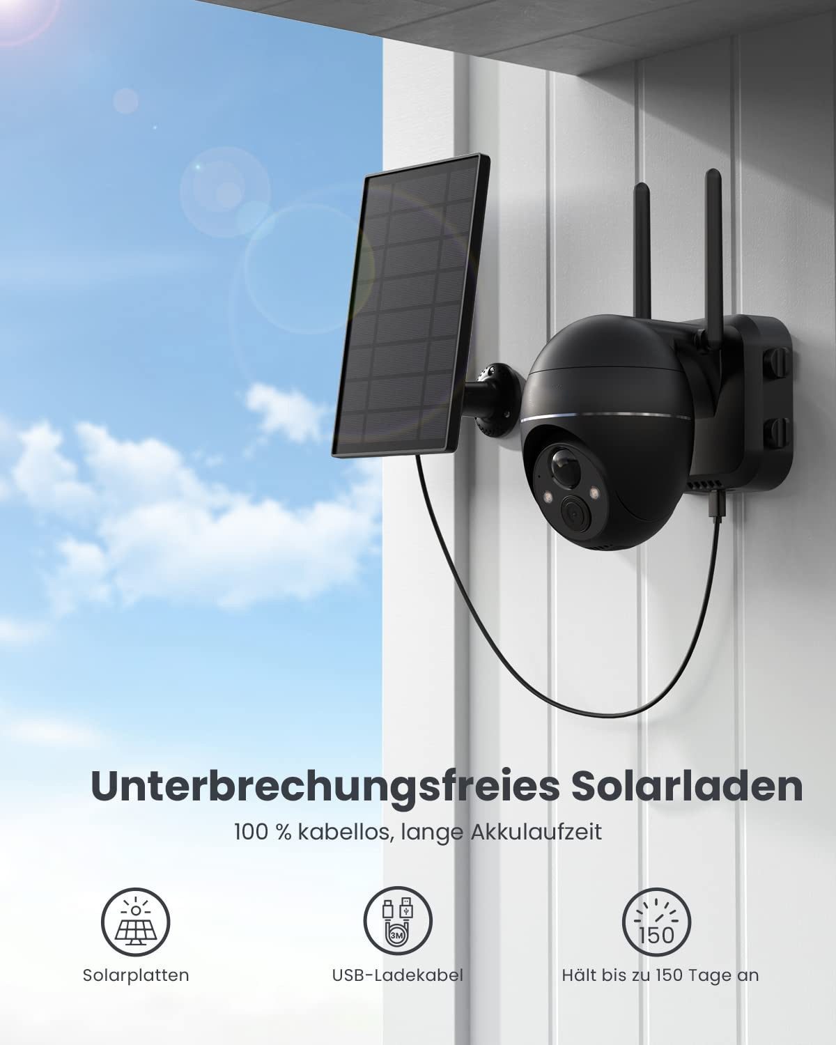Topcony Überwachungskamera 2K 3MP Security Camera Überwachungskamera Aussen Solar WLAN Akku (Aussen, Außenbereich, Outdoor, Außen, Kabellos Überwachungskamera WLAN Akku, 355°/120° Schwenkbar PTZ, 1-tlg., 20m Farbnachtsicht, PIR Bewegungsmelder,Sirene/Weißlichtalarm, 4dbi Doppelantenne,Teilen Sie jederzeit und überall)