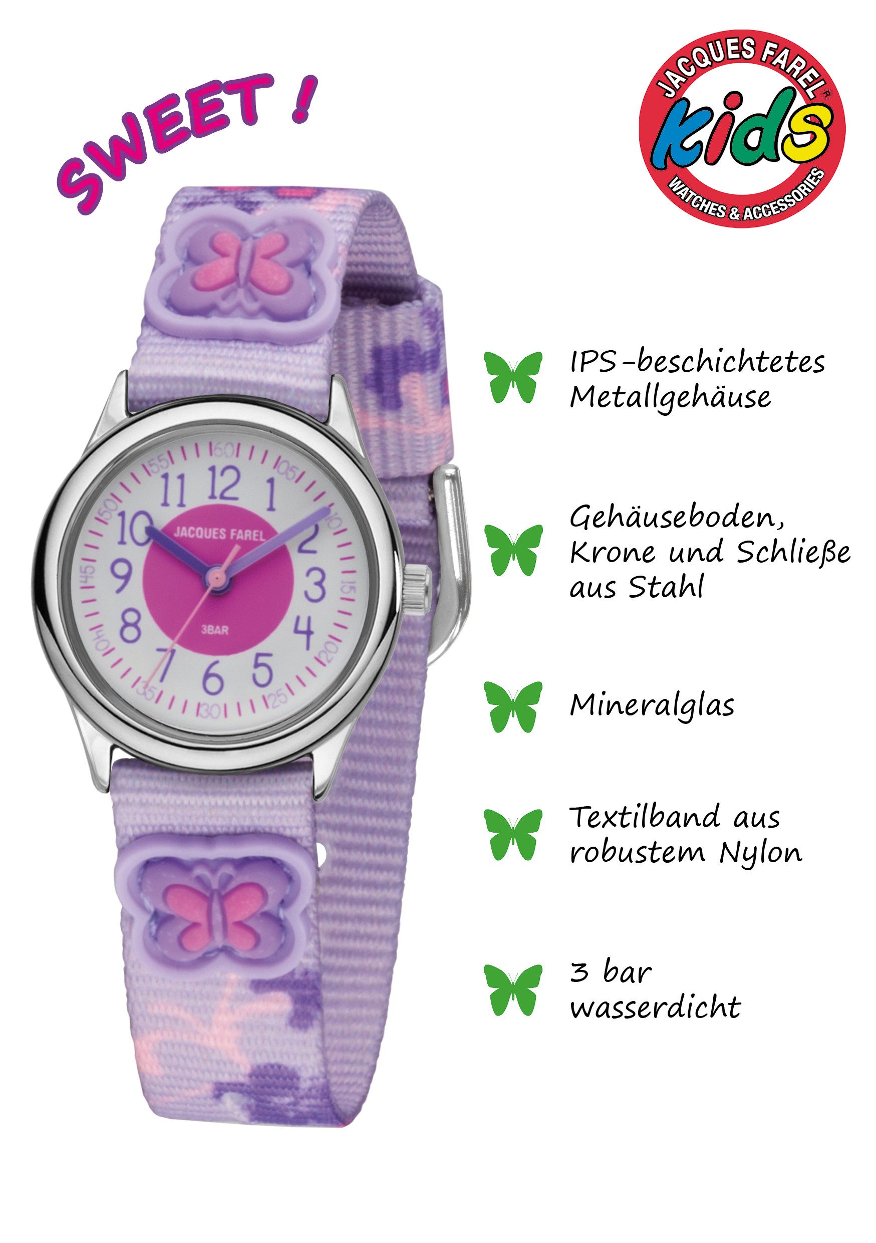 Jacques Farel Quarzuhr HCC Kinder Armbanduhr Textilband, analog deutlich Kinderuhr Schulanfang Geschenkidee Ø 26 mm