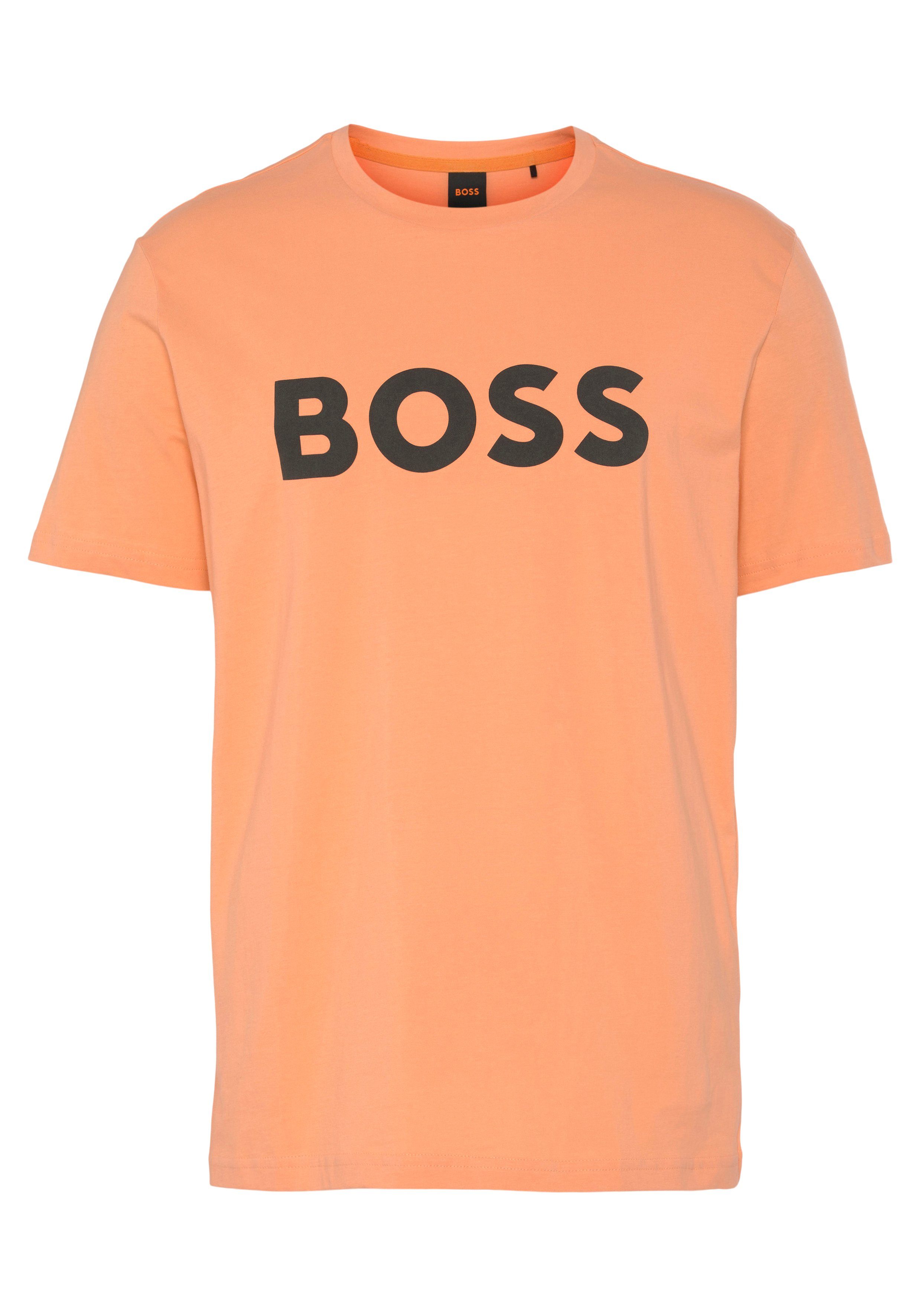 1 Kurzarmshirt BOSS Thinking light/pastell_orange833 Logoschriftzug-Frontprint ORANGE (1-tlg) mit