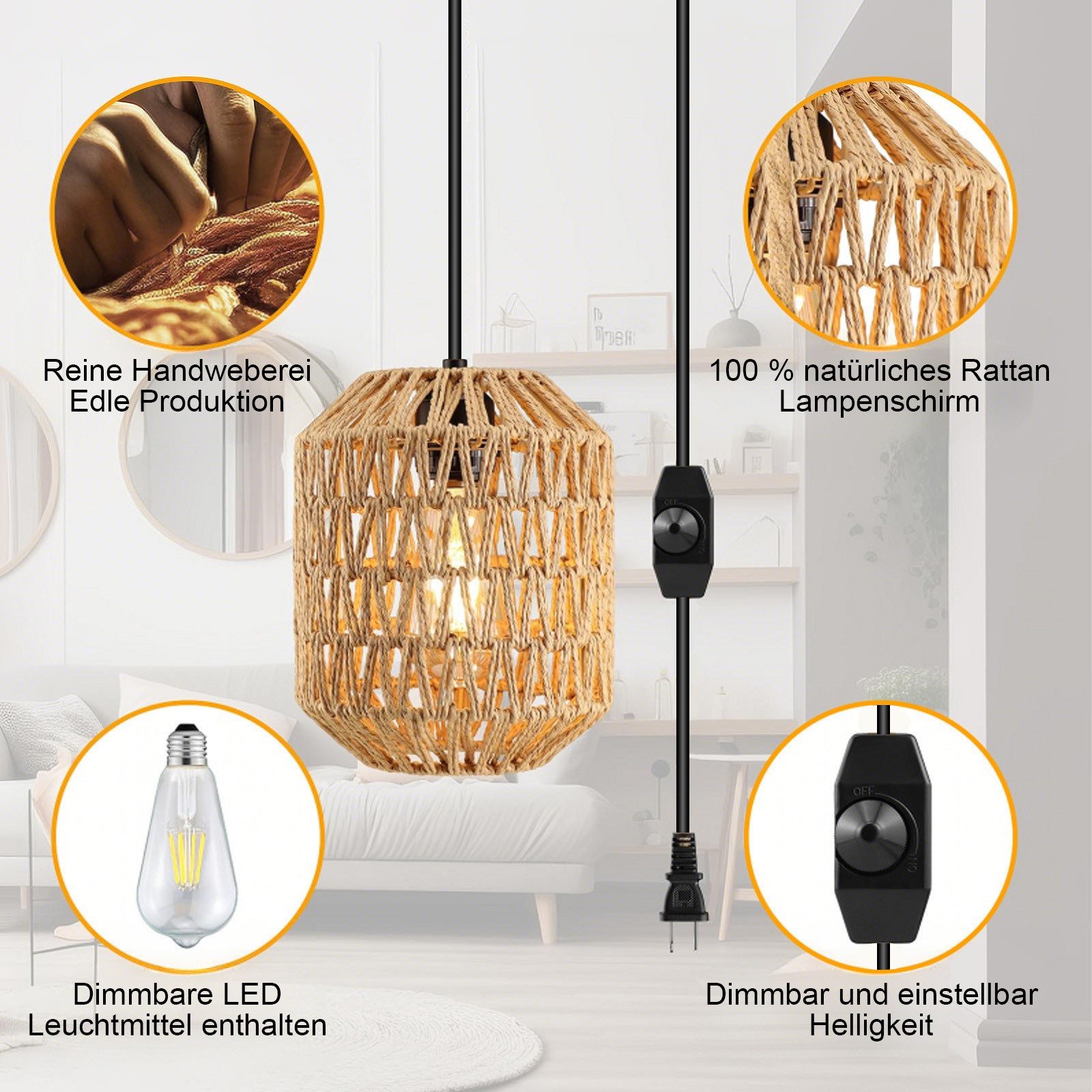 Jibenhome LED Pendelleuchte Rattan-Hängelampe mit Stecker, Dimmbar Boho-Hän günstig online kaufen