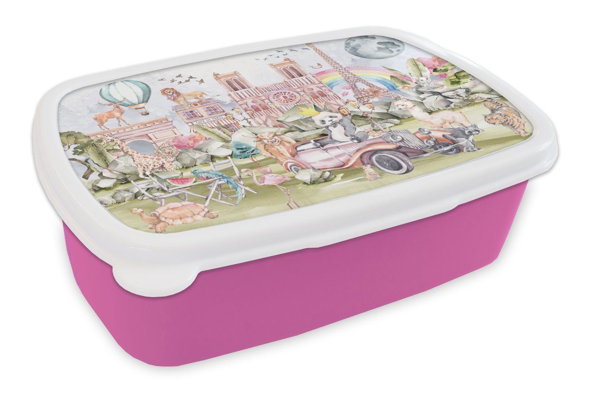 MuchoWow Lunchbox Paris - Regenbogen - Kinder - Rosa - Mädchen - Tiere, Kunststoff, (2-tlg), Brotbox für Erwachsene, Brotdose Kinder, Snackbox, Mädchen, Kunststoff