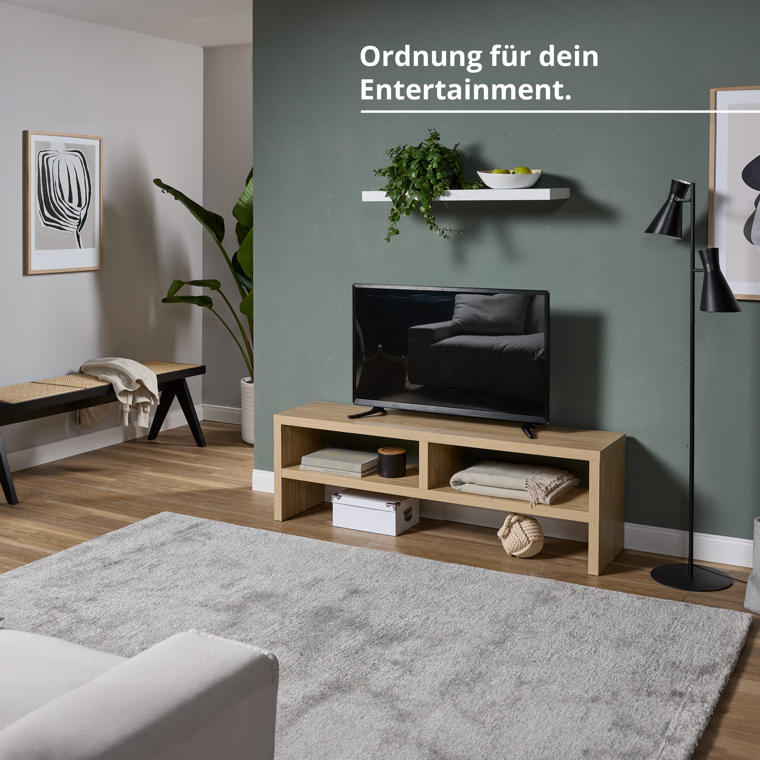 KHG TV-Board TV-Schrank Eiche-Optik mit 2 offenen Fächern 140x45x35 cm (Kompaktes Lowboard mit viel Stauraum, stabile Konstruktion, 1 St., Kabelmanagement durch – Bild 4 von 5