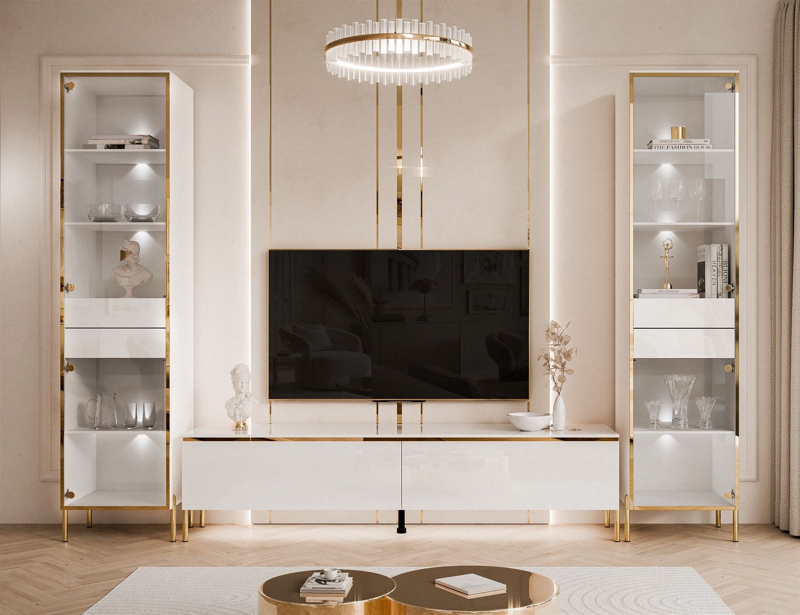 ALLHOUSE24 Wohnzimmer-Set Möbelset PEONY GOLD mit LED weiß Hochglanz Glasvitrine TV Schrank, (1x TV Schrank, 2 x Vitrinen), Fronten in Hochglanz, LED Beleuchtung
