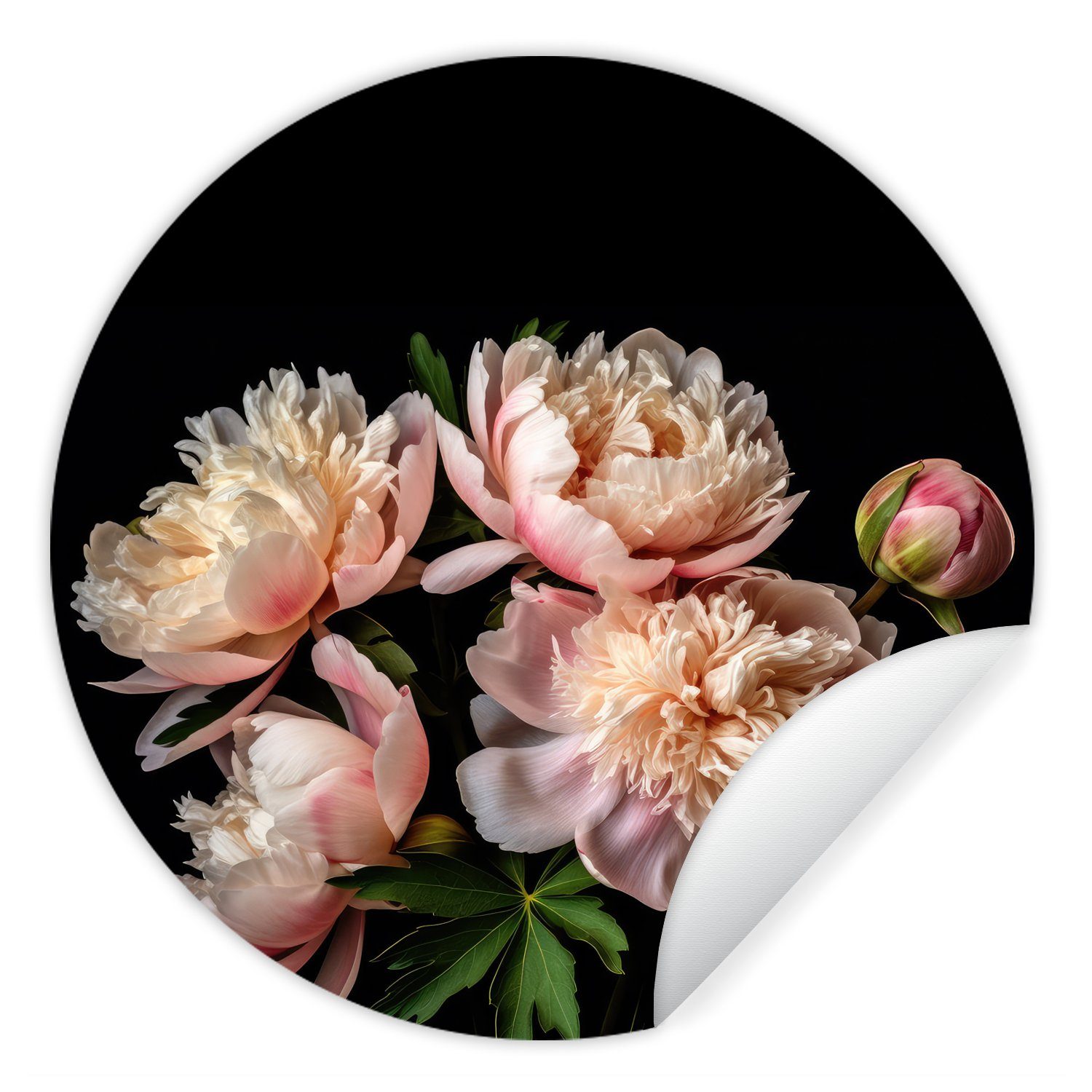MuchoWow Wandsticker Pfingstrosen - Blumen - Natur - Rosa - Weiß (1 St), Tapetenkreis für Kinderzimmer, Tapetenaufkleber, Rund, Wohnzimmer