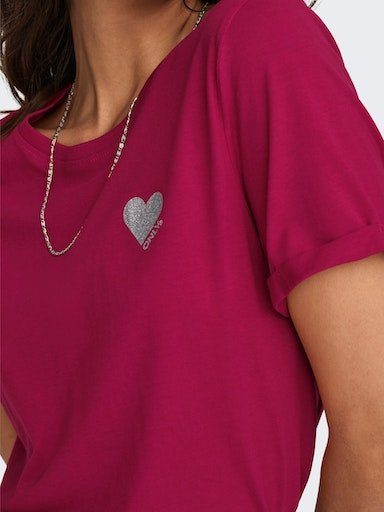 Cerise ONLY Print:SILVER T-Shirt NOOS LOGO GLITTER TOP HEART ONLKITA S/S