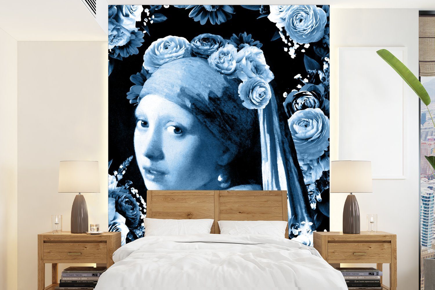 MuchoWow Fototapete Mädchen mit einem Perlenohrring - Rosen - Delfter Blau, Matt, bedruckt, (4 St), Montagefertig Vinyl Tapete für Wohnzimmer, Wandtapete