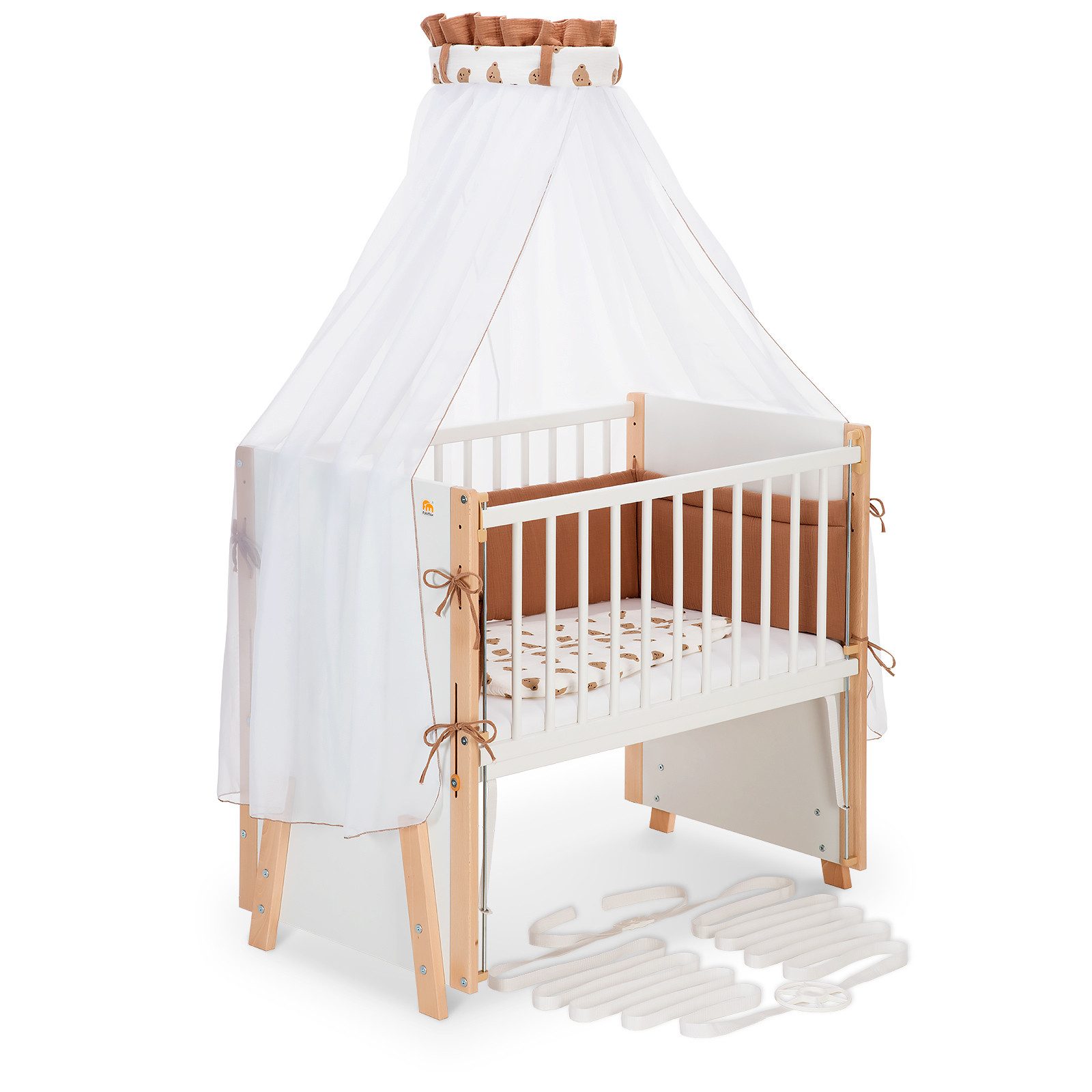 FabiMax Beistellbett Boxspring Vario Weiß / Natur, Stufenlose Höhenverstellung von 52 bis 83 cm, mit 2 in 1 Seitengitter
