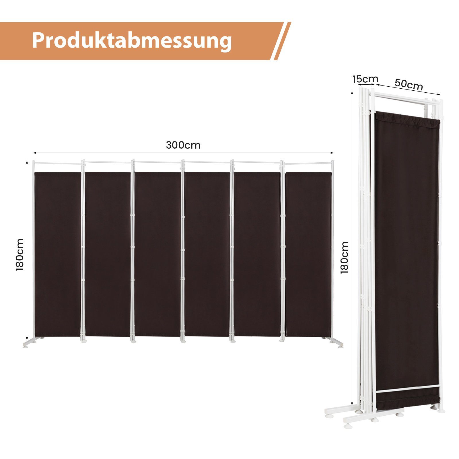 verstellbare 6 tlg., 300x180cm faltbar, COSTWAY Braun Fußpolster, Paravent, 7