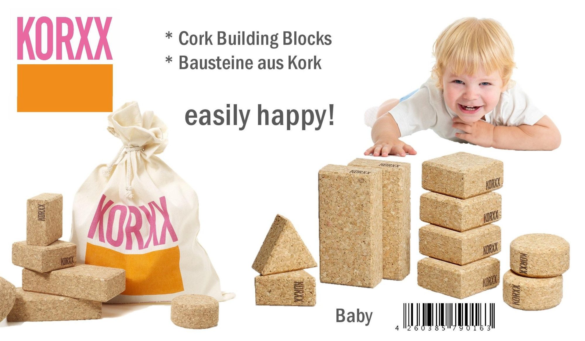 KORXX Bausteine aus Kork Spielbausteine, (10 Korkbausteine naturfarben, Baby Set), Kreativer Baustein aus nachhaltigem Rohstoff