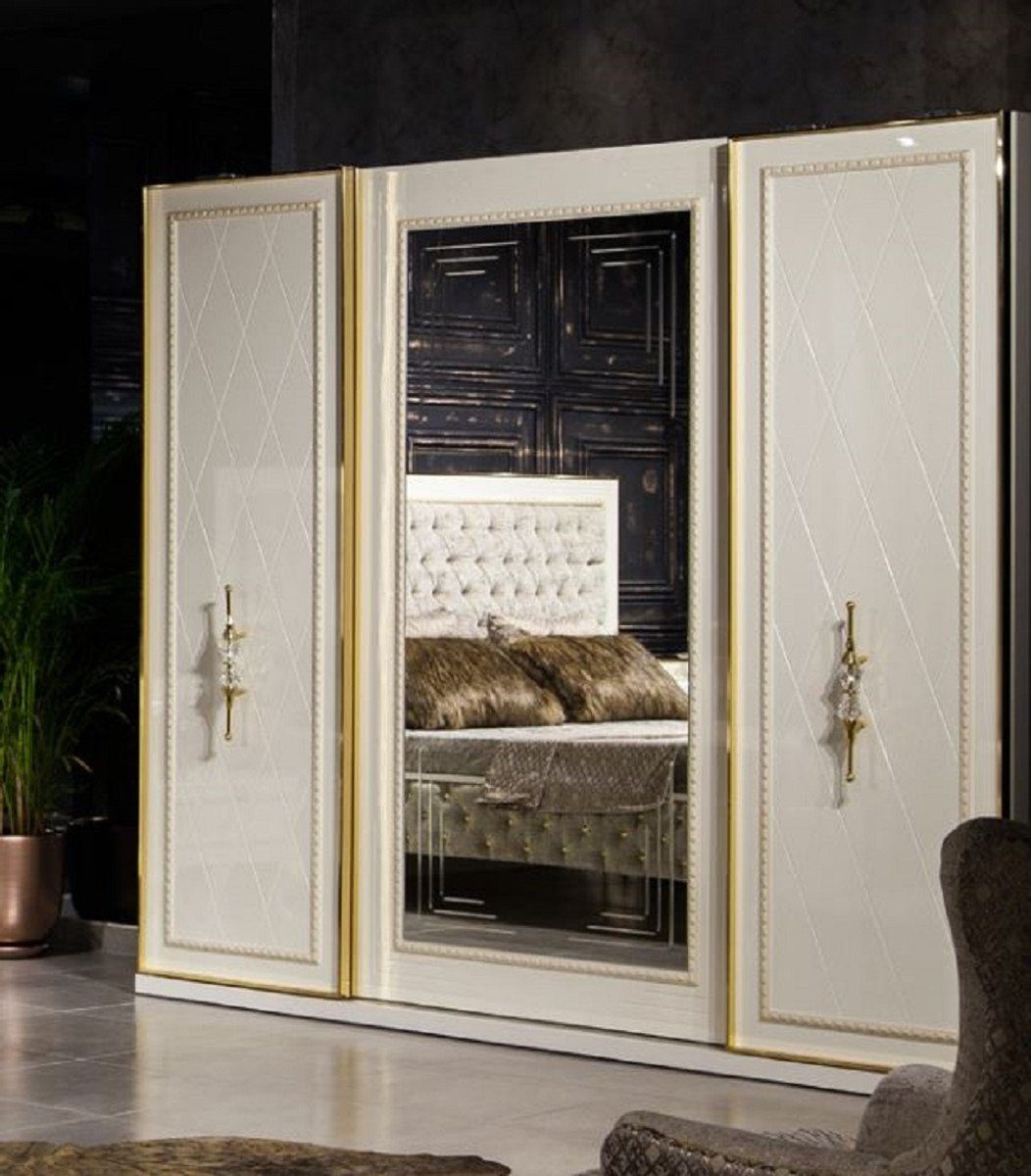 Barock Kleiderschrank / Weiß - - Schlafzimmer Luxus Casa Barockstil Möbel - Gold & Verspiegelter im Edel Padrino Barock Prunvoll Schlafzimmerschrank Massivholz Kleiderschrank