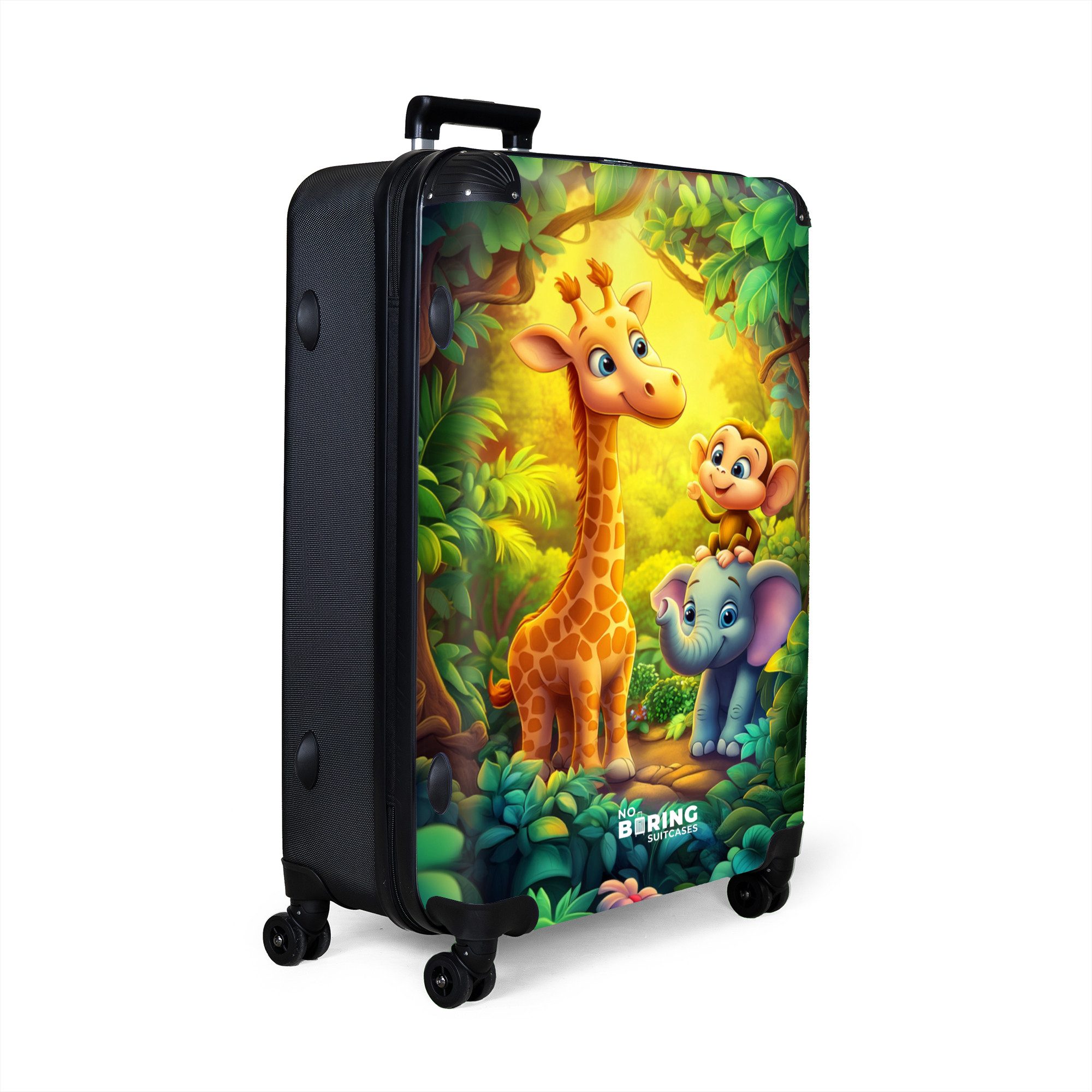 NoBoringSuitcases.com© Kinderkoffer Giraffe, Elefant und Affe im Wald 77 cm - 98 L, 8 Rollen, Großer Reisetasche mit Rollen für 30kg, Kinderkoffer