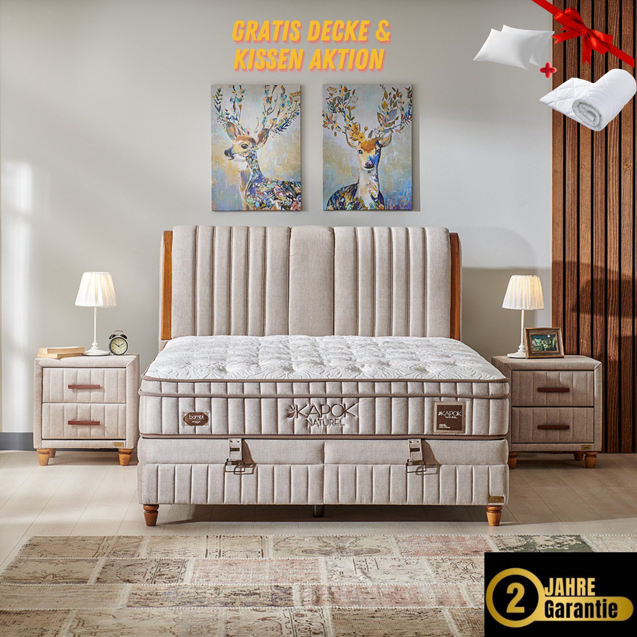 Bambi Boxspringbett mit Matratze Kopfteil Boxspringbett 180x200 - 90x200 Kapok (Doppelbett mit Fußteil, 4-St., Multipocket-Matratze H3 Matratze Topper, Kopfteil, Bettkästen), inkl. Lieferung