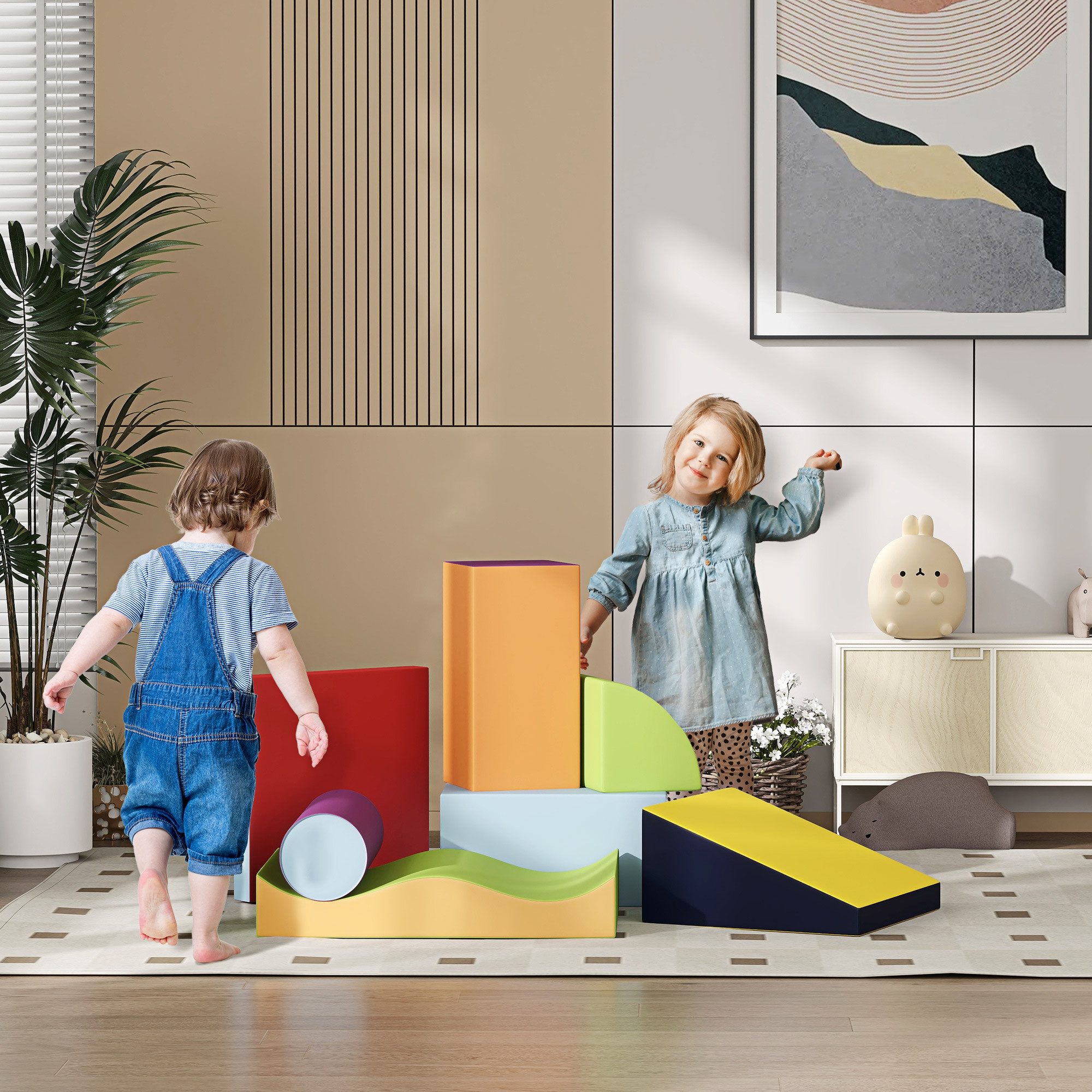 HOMCOM Bausteinset, Schaumstoffbausteine zum Toben & Klettern Spielbausteine, (Riesenbausteine, 7 St., Bausteinset), für Kinderzimmer und Kindergarten, Kunstleder, Bunt