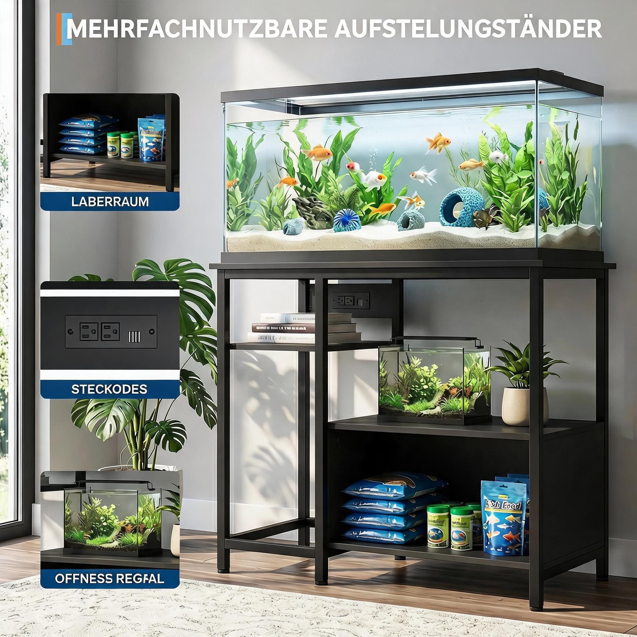 GarveeMore Aquariumunterschrank Steckdosen, Metall-Holz, 300 kg Tragkraft, 93 cm × 48 cm × 78 cm den Unterschrank, die integrierten Steckdosen – Bild 3 von 5