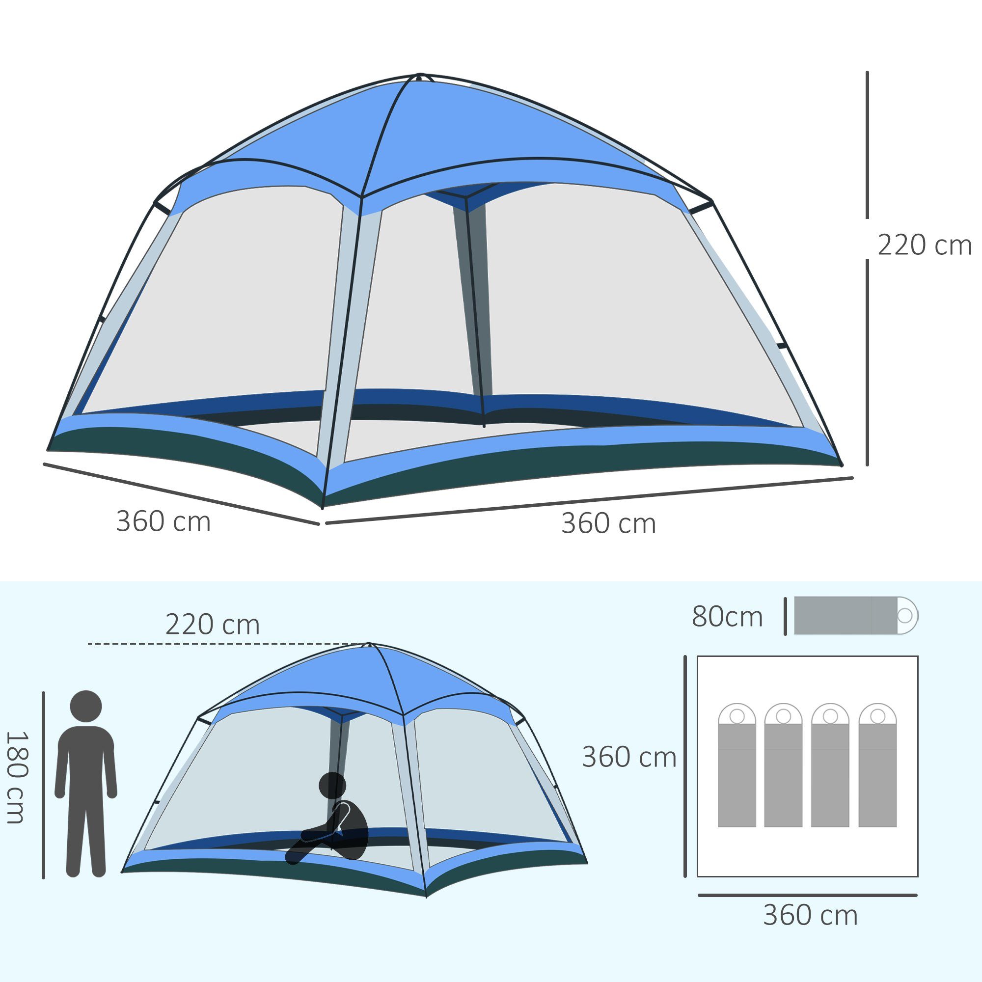 Zelt Zelt, Personen Outsunny Glasfaser Zelt Familienzelt Camping Faltzelt Fenster Camping 2 Blau 8