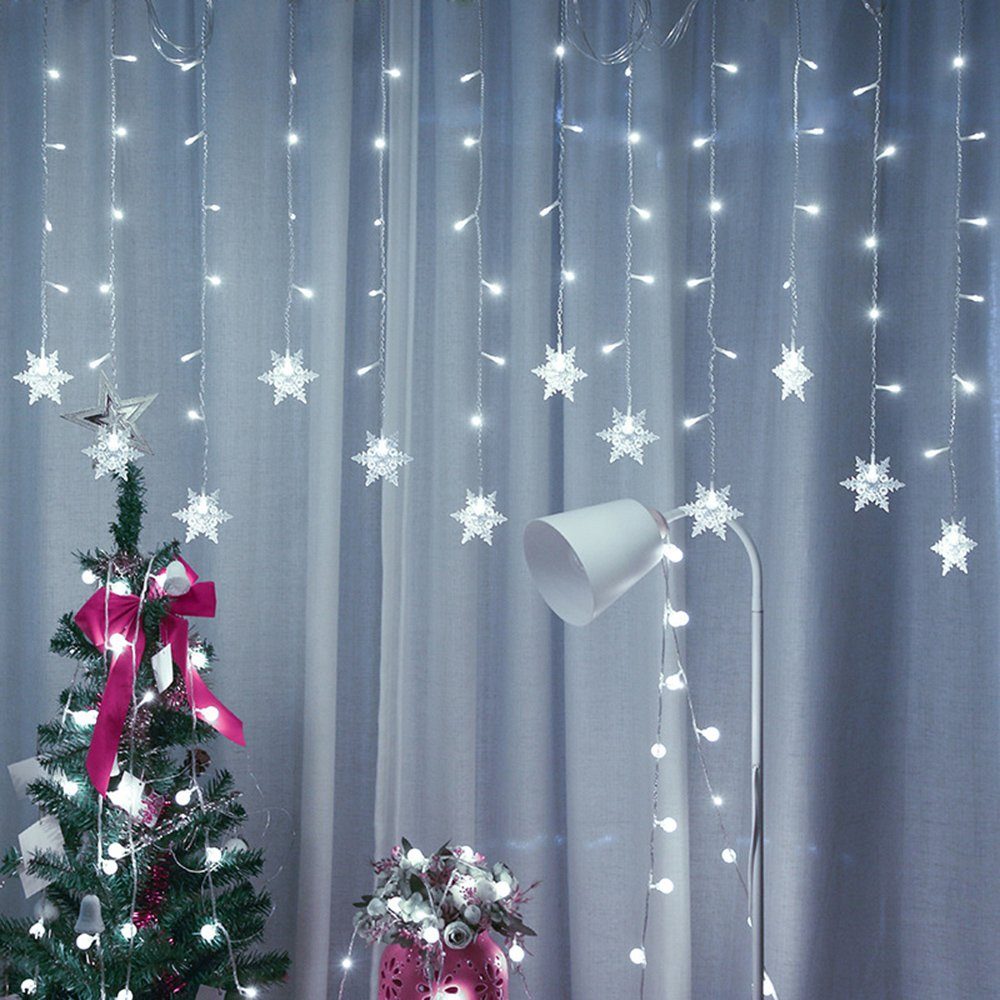Modi,wasserdicht,Timer Weihnachtendeko, Lichterkette, 8 LED Schneeflocke Sunicol Lichtervorhang LED-Lichterkette Weiß