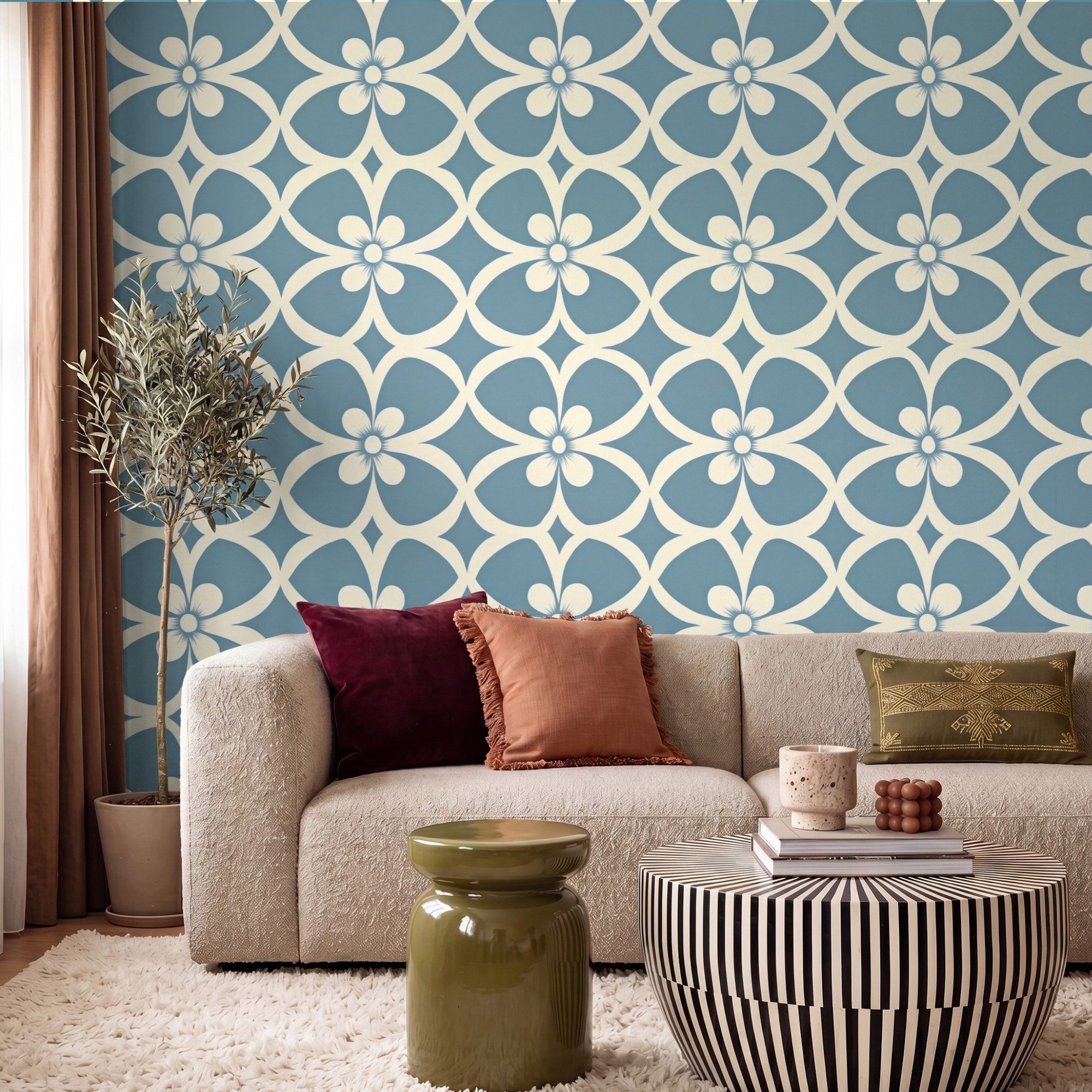 OnlyWow Fototapete Muster - Symmetrisch - Blau, Matt, bedruckt, Wanddekoration, Wandtapete, Schlafzimmer 260x220cm