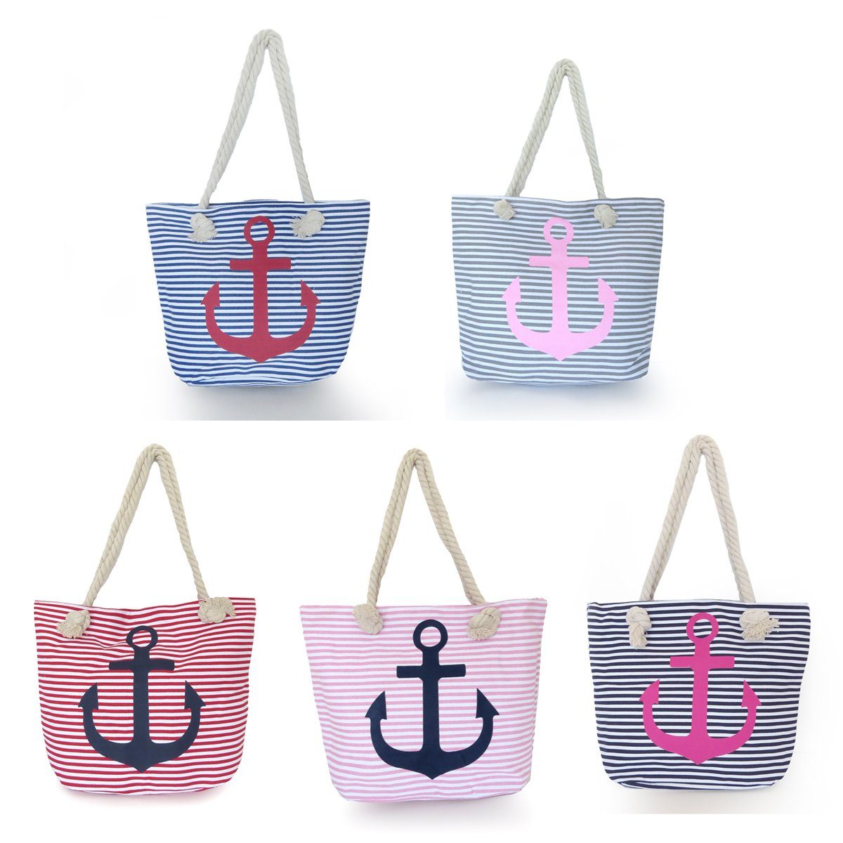 Strandtasche mit Reißverschluss Ankerprint Umhängetasche Sonia marine-pink Seilkordel maritim Originelli