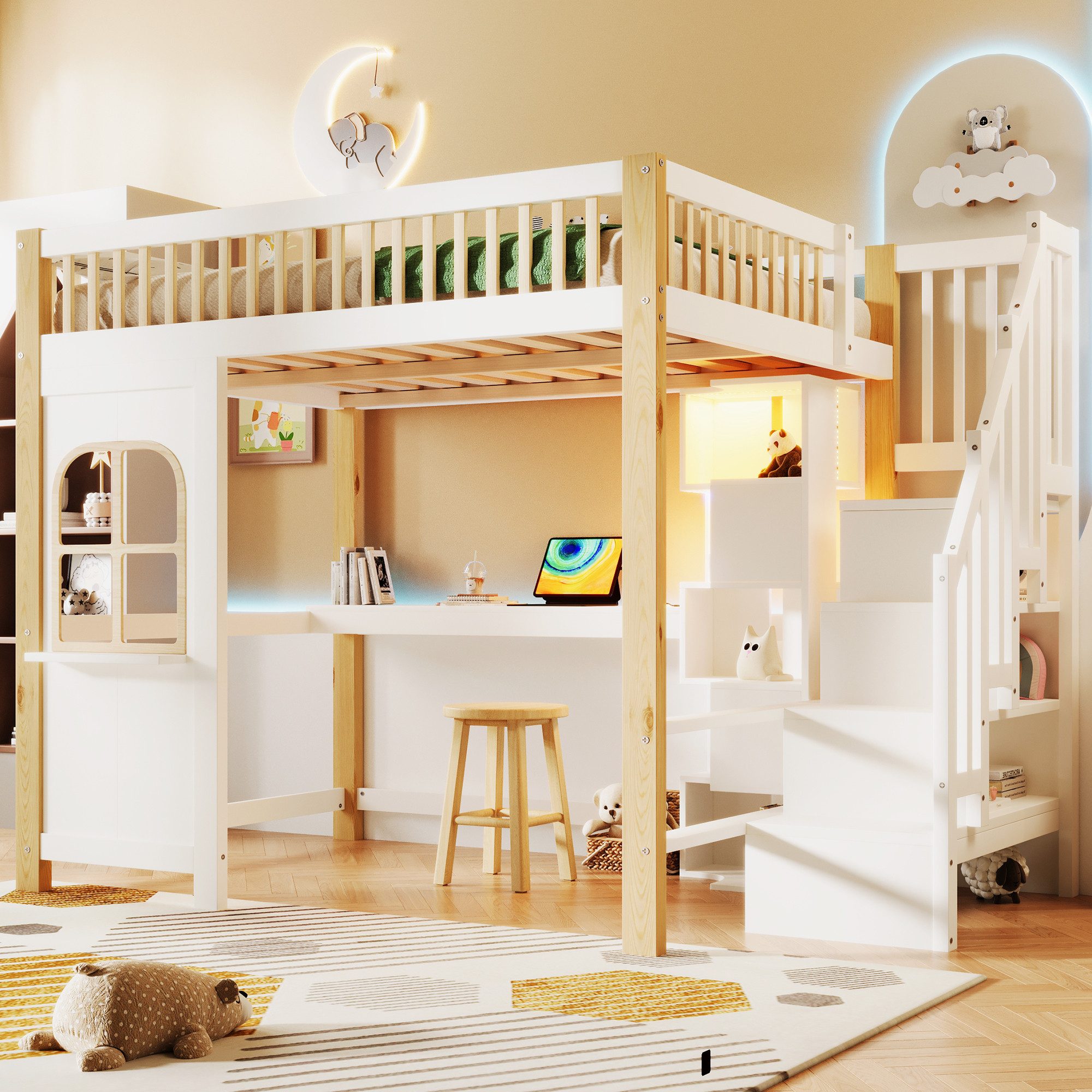 Merax Hochbett mit LED und Steckdose (1-St., Stockbett Jugendbett Hausbett Etagenbett Einzelbett) Kinderbett 140x200cm mit Schreibtisch, Ablagefächern, Treppe & – Bild 3 von 5