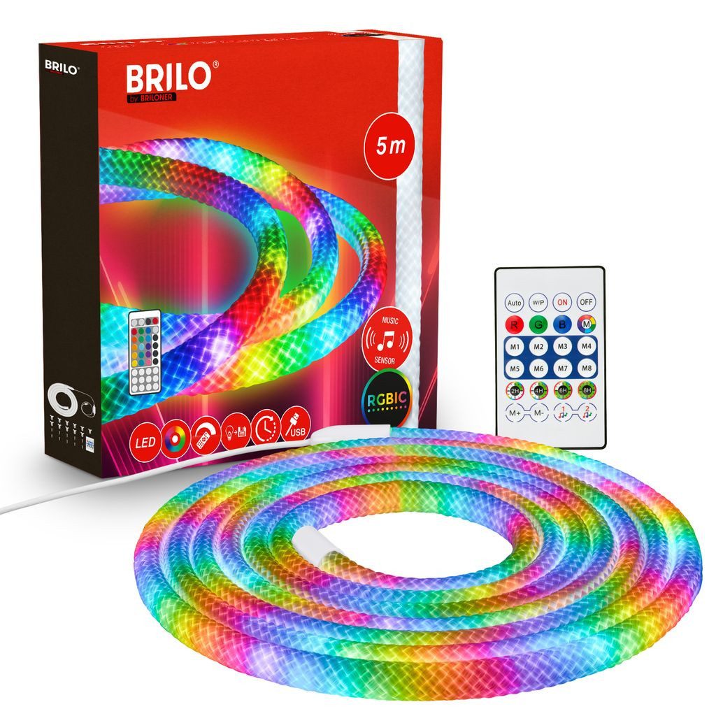 Briloner Leuchten LED-Streifen Neon LED Strip RGB IC Farbwechsel Fernbedienung Musiksensor, 1-flammig, 5 m, Wohnzimmer, Party, Gaming
