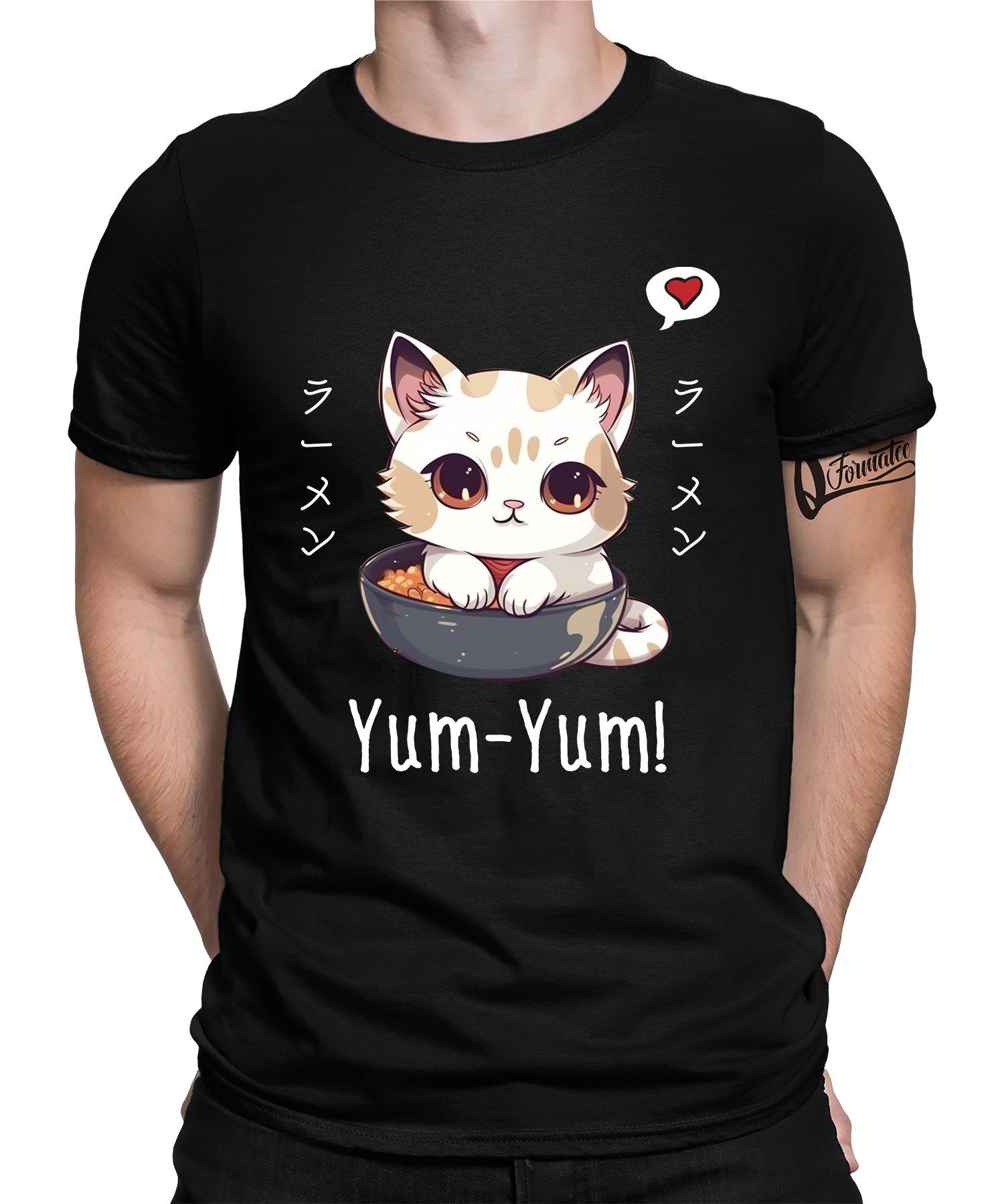 Yum (1-tlg) First Katze Herren Formatee Schwarz Ramen Anime Nudeln T-Shirt Kurzarmshirt Japanische Quattro Japan