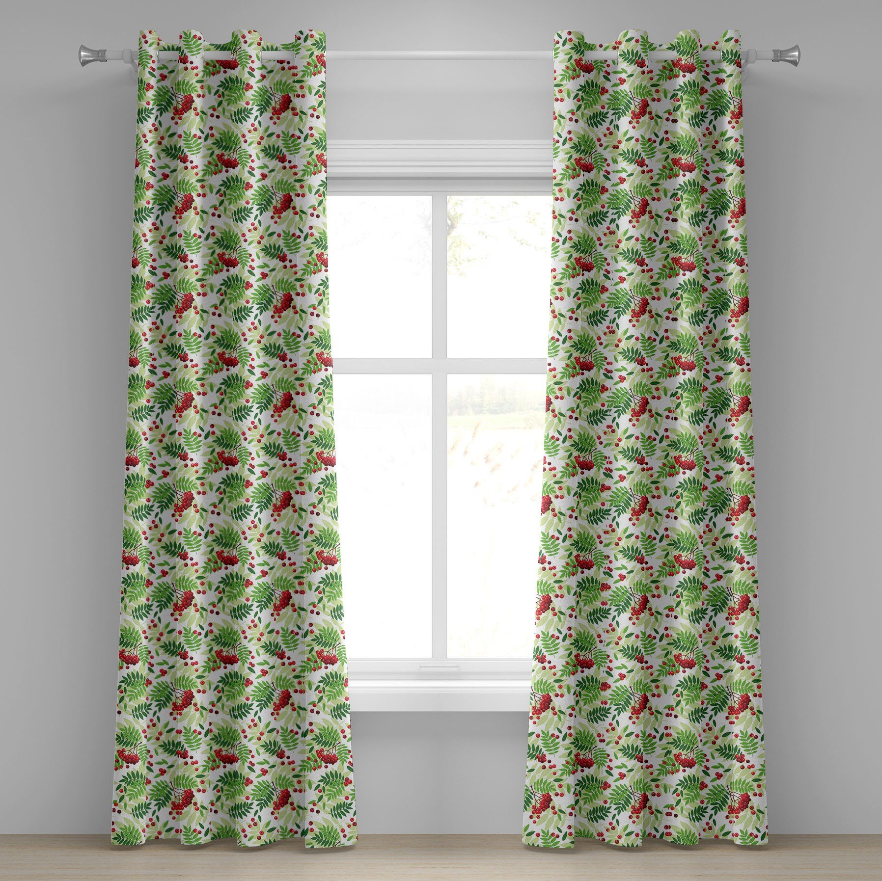 Grüne für Wohnzimmer, Eberesche Früchte Blätter Dekorative Gardine Wilde 2-Panel-Fenstervorhänge Schlafzimmer Abakuhaus,