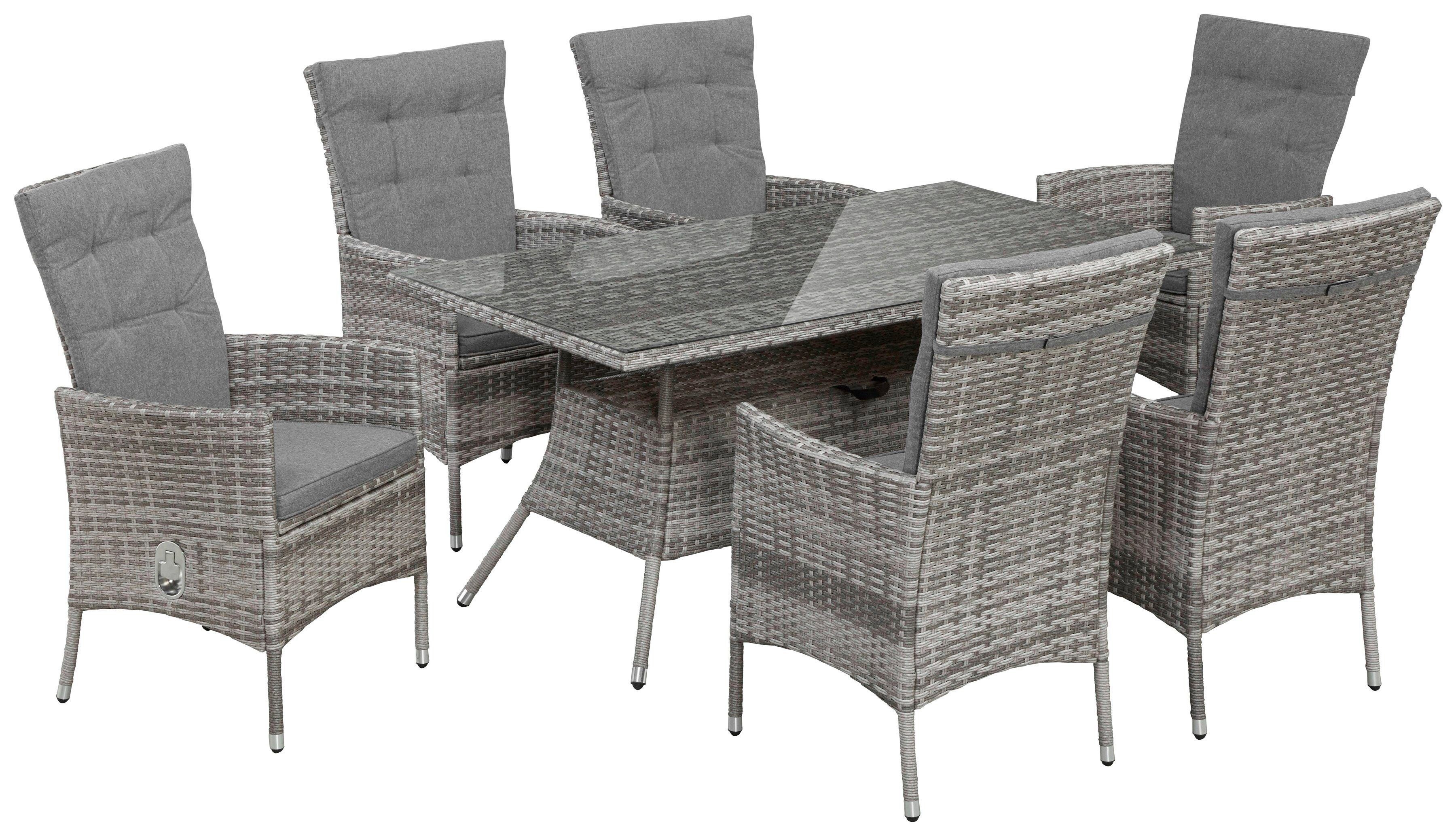 KONIFERA Garten-Essgruppe Belluno, (13-tlg), Polyrattan Sessel, 6 cm, Tisch 150x80