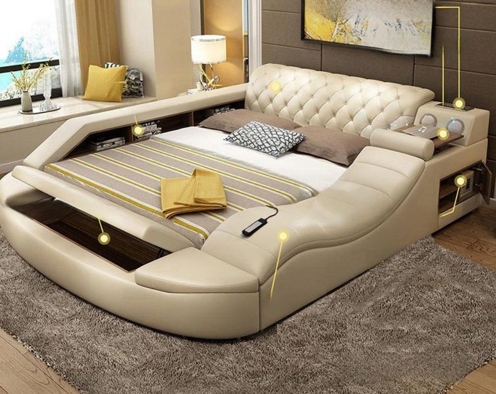Xlmoebel Multimediabett Luxuriöses Lederbett mit Massagefunktion und Doppelablage (Multimediabett, 1-tlg., Multifunktions Bett), Hergestellt in Europa