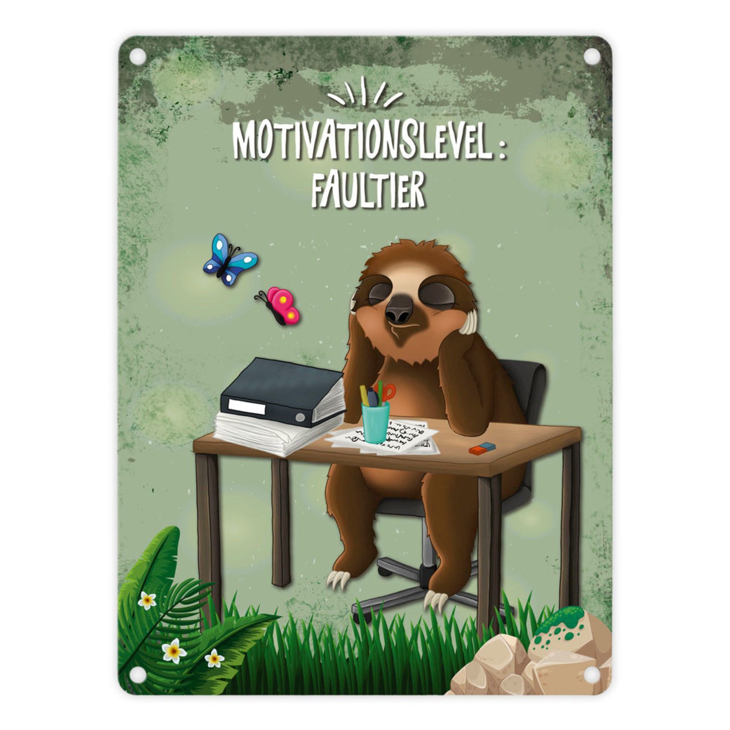 Metallschild Metallschild mit Faultier Motiv und Spruch: Motivationslevel: Schild