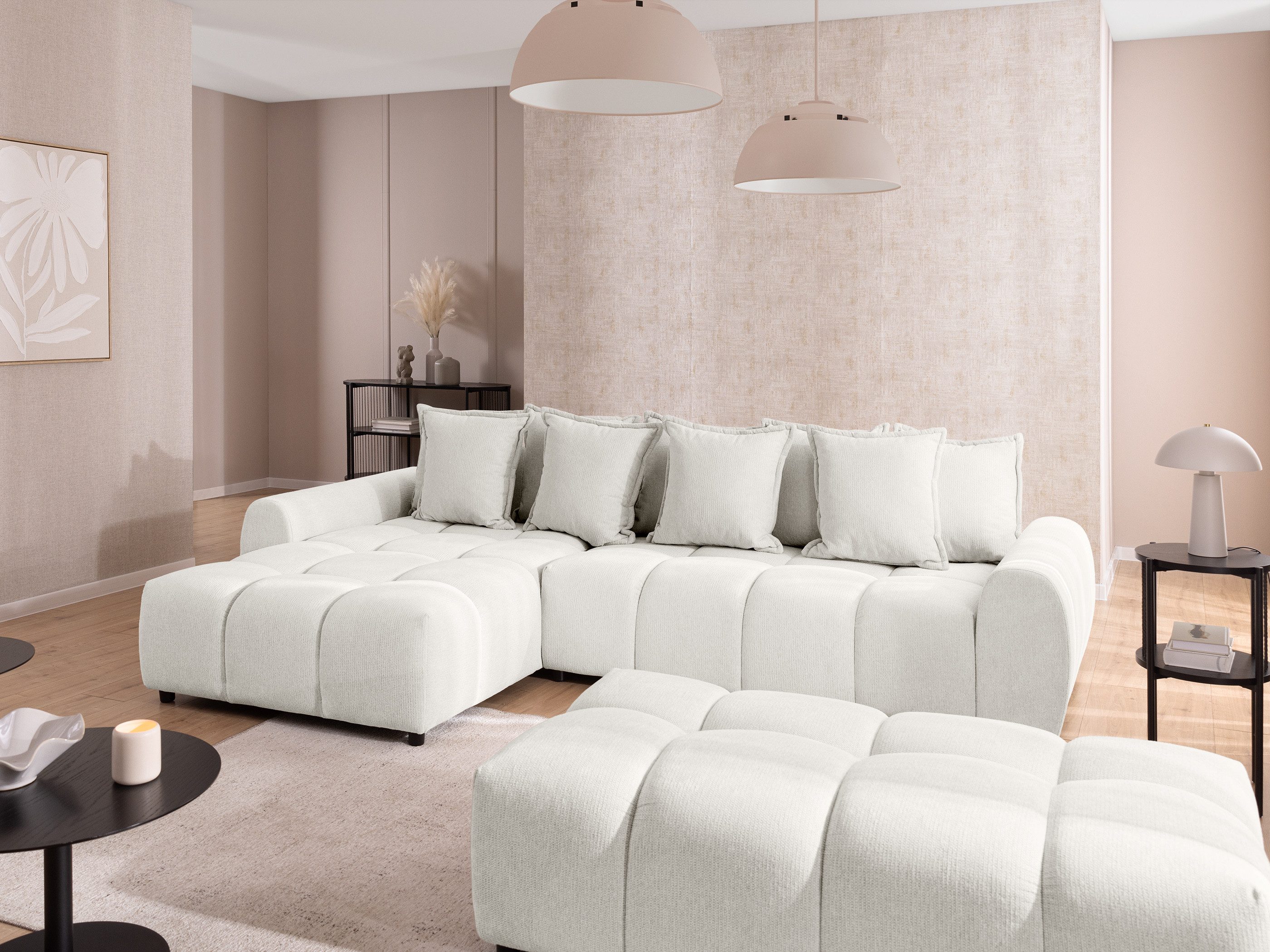 S-Style Möbel Ecksofa Bubble mit Schlaffunktion und Hocker mit losen Rückenkissen, aus Strukturstoff, mit Wellenfederung