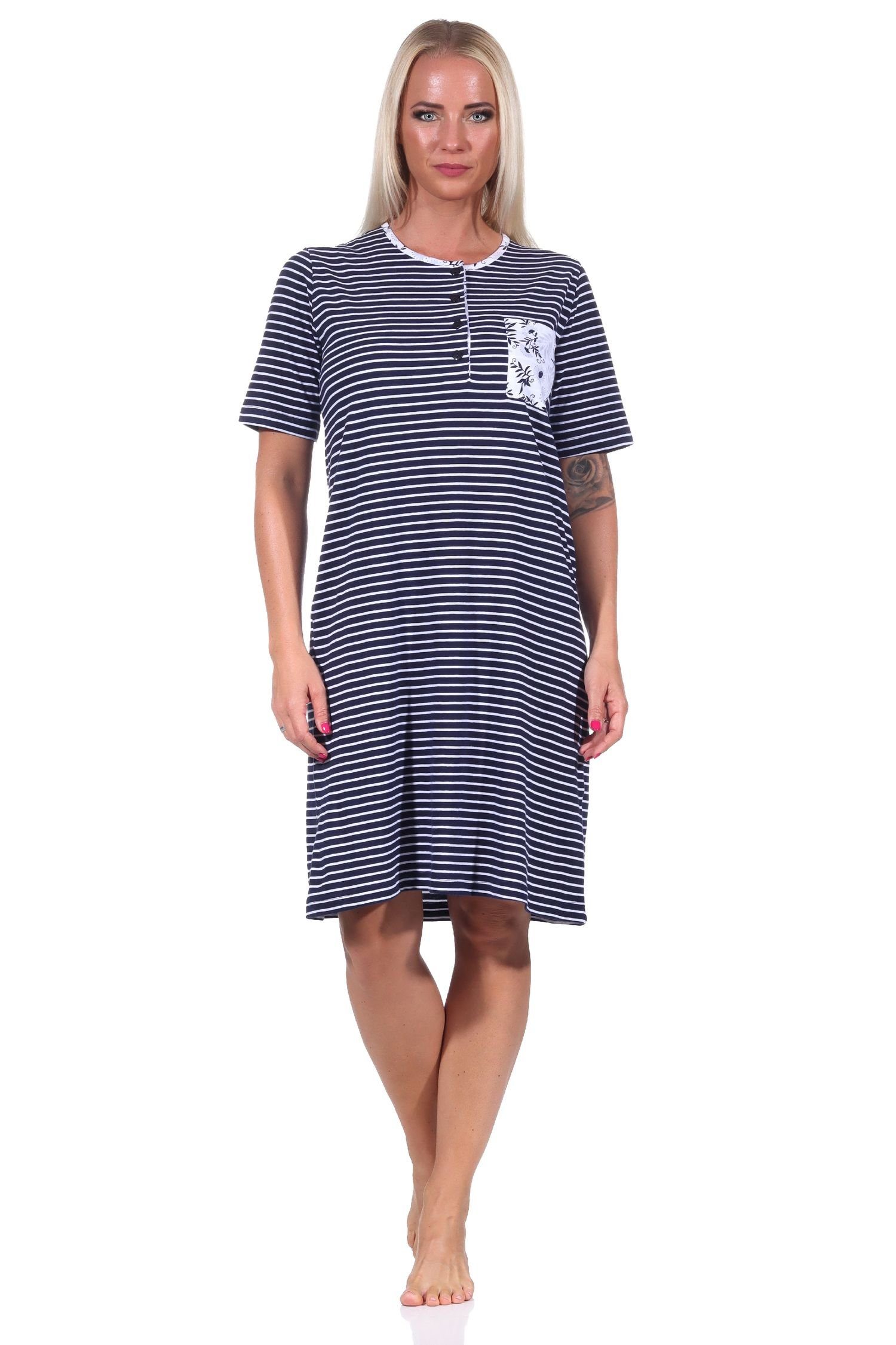 Normann Knopfleiste Nachthemd am in Hals mit Streifenoptik Damen marine Nachthemd kurzarm