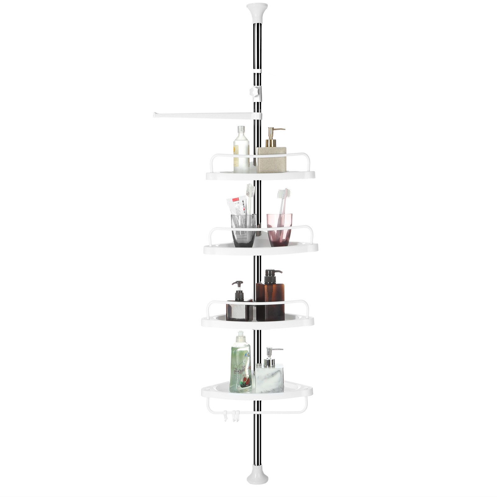 SONGMICS Duschablage Duschregal, höhenverstellbar, 95-300 cm, 4 Ablagen, 3 Haken, Eckregal