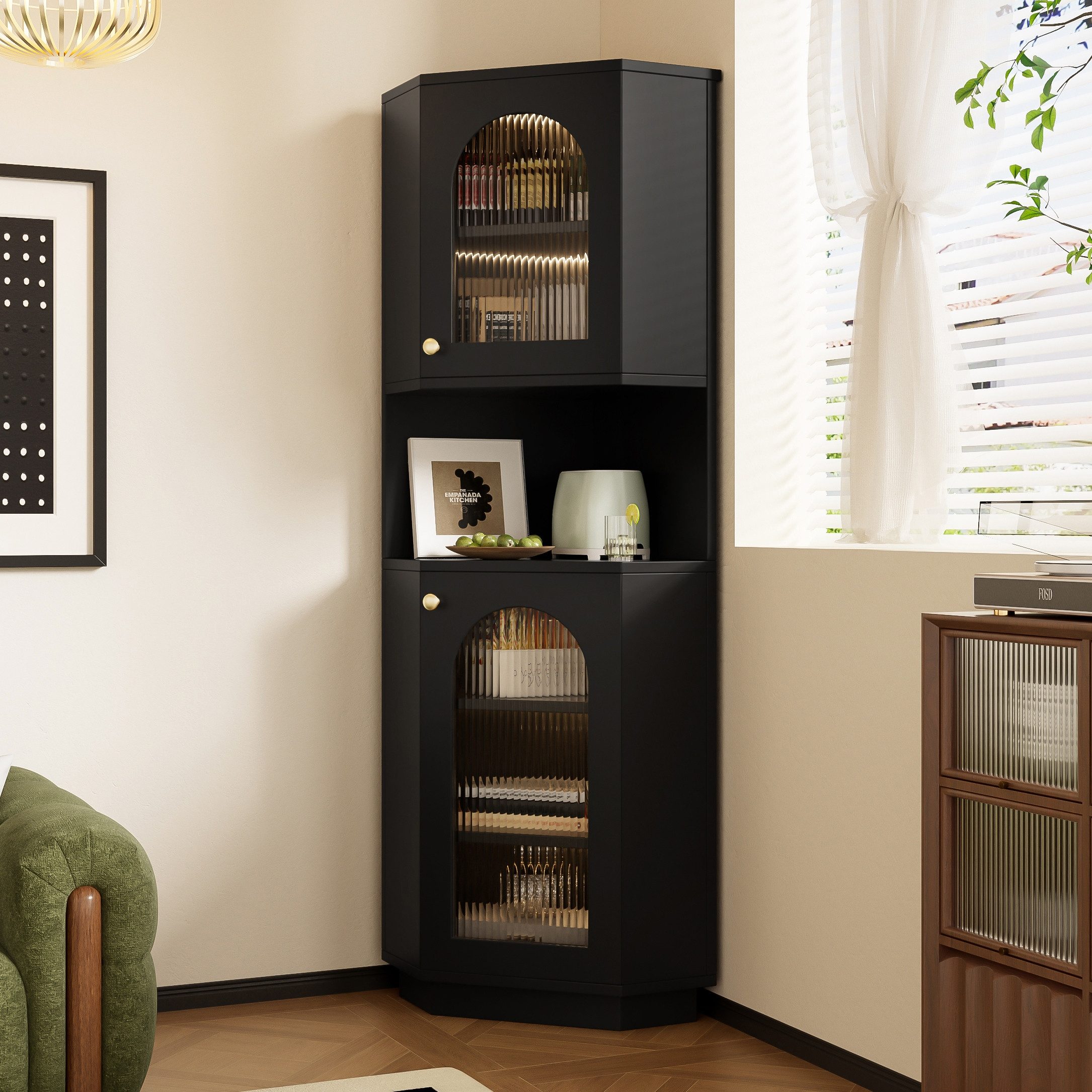 BlingBin Eckschrank Feuchtigkeitsbeständiger Bad-Eckschrank mit Lichtleiste (1er Set, 1-St., 45 × 45 × 166,5 cm) zwei Ablagefächer und offene Fächer mit verstellbaren Einlegeböden