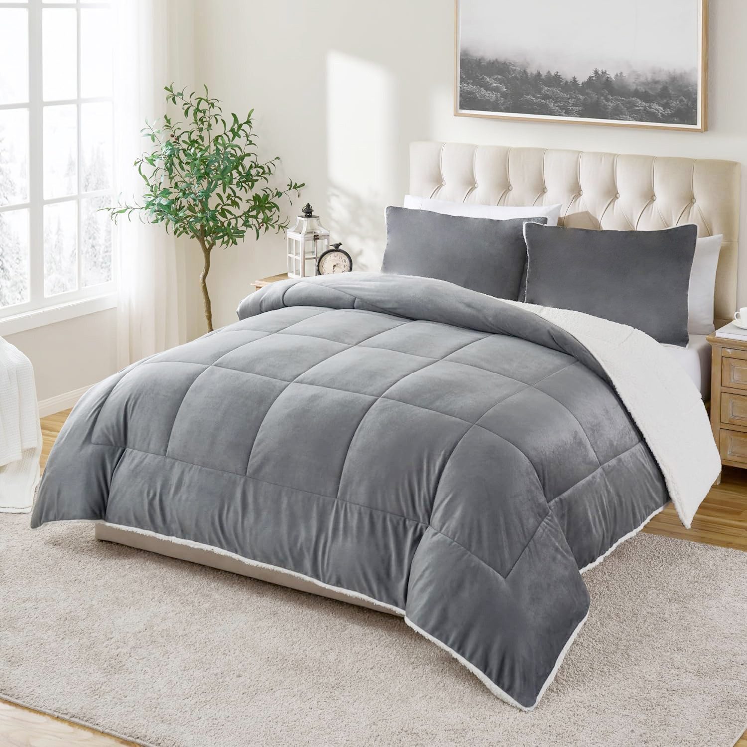Wohndecke Sherpa Fleecedecke,Bettdecke 135x200cm,200x200cm Steppdecke, Fyrove, Weich, Warm, Flauschig Bettdecken-Set mit kissenbezug 80x80 cm