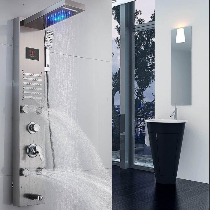 XERSEK Duschsystem Duschpaneel mit LED Temperatur Anzeige Duschsystem 4x Massagedüsen 6 Strahlart(en) Regenwaldmodus Wasserfallmodus Handbrause Massagendüsen Wasserfallbrause