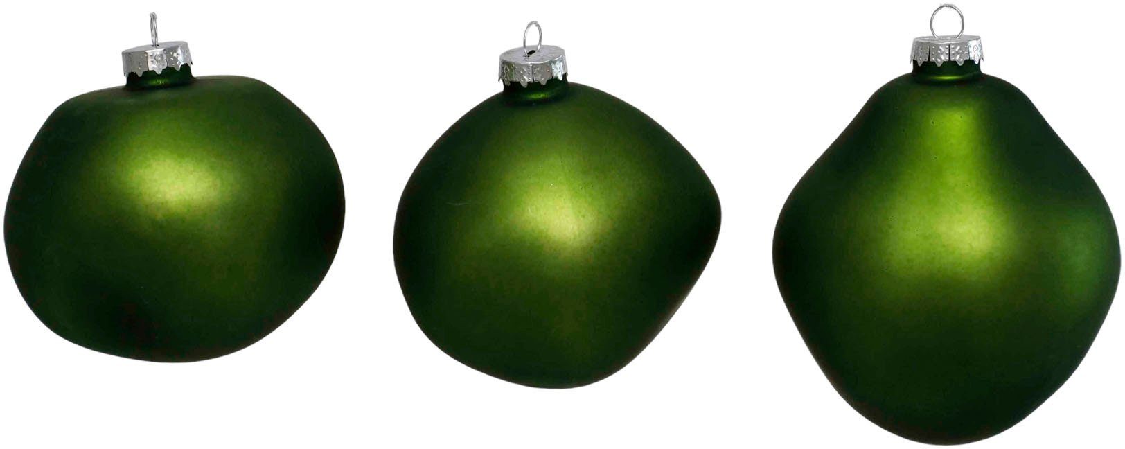 Leonique Weihnachtsbaumkugel Birdelle matt, Weihnachtsdeko, Christbaumschmuck, Christbaumkugeln (3 St), Baumkugeln in organischer Form, Ø 10 cm, organische Kugeln aus Glas grün matt