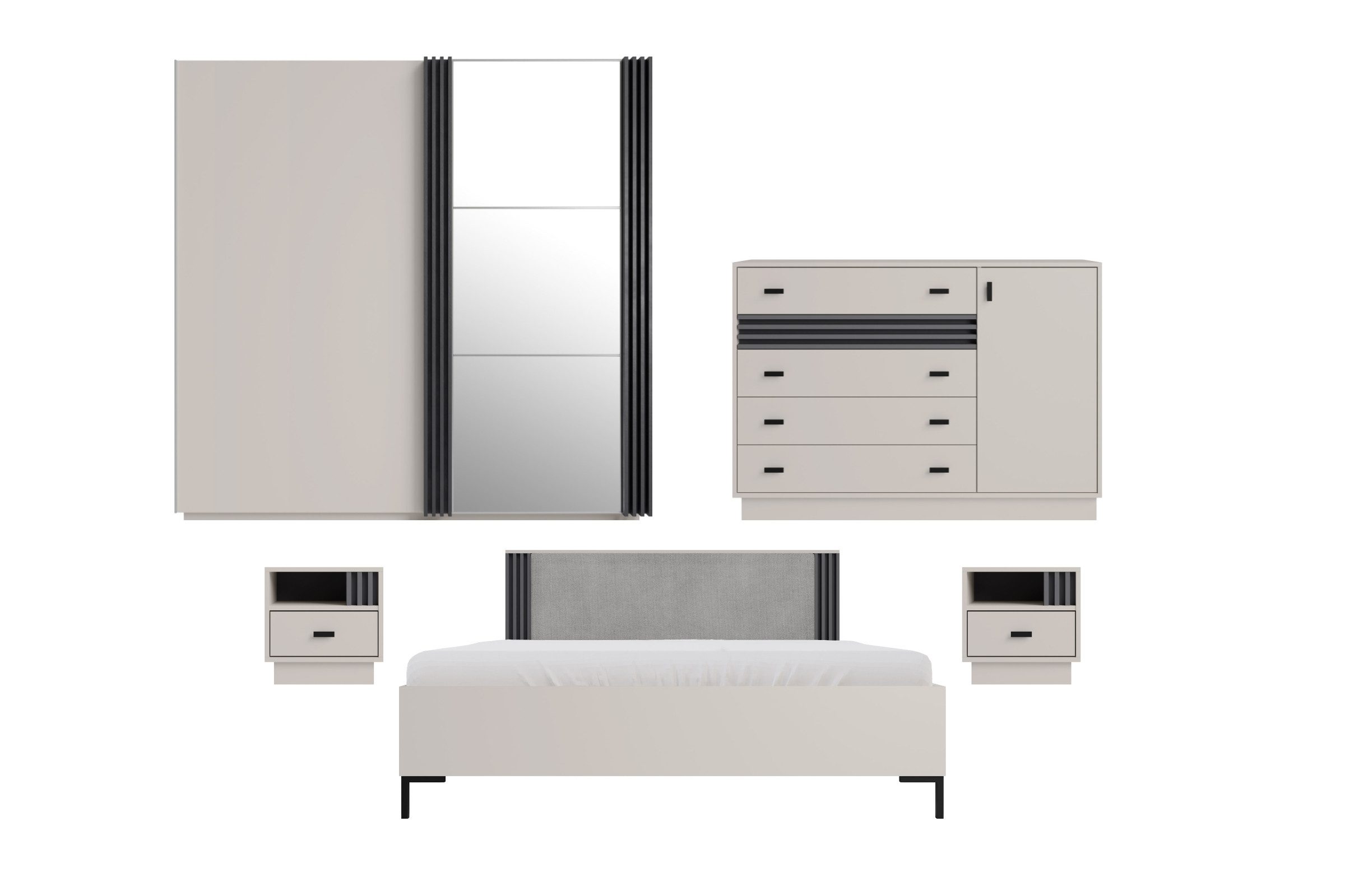 Deine Möbel 24 Komplettschlafzimmer ALL II Schlafzimmer-Set mit Lamellen, (Set Matratze H4 optional, 5-tlg., Set), Schiebetürenschrank 2 Nachttische Kommode Doppelbett 160x200